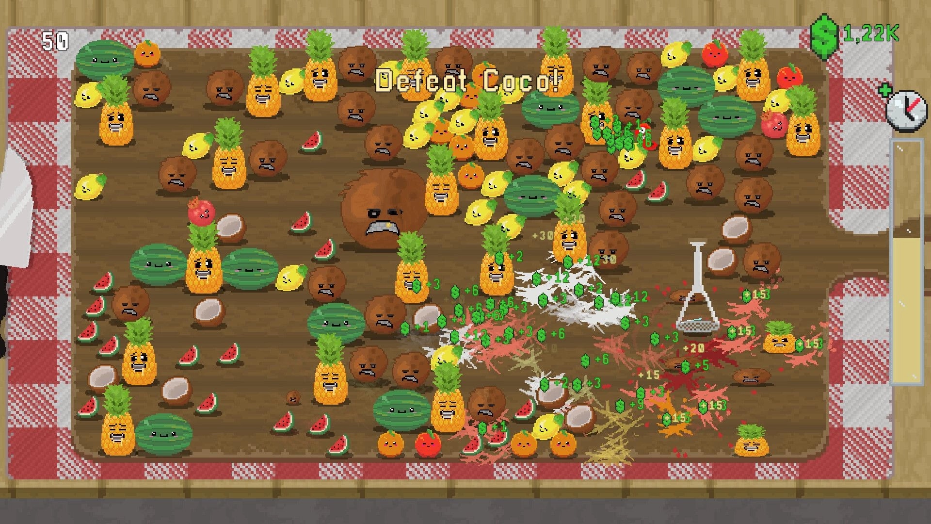 Snack Smasher: Defeat Coco! fruit swarm on wooden board, cash popups, timer and 1.22K leaf counter UI.