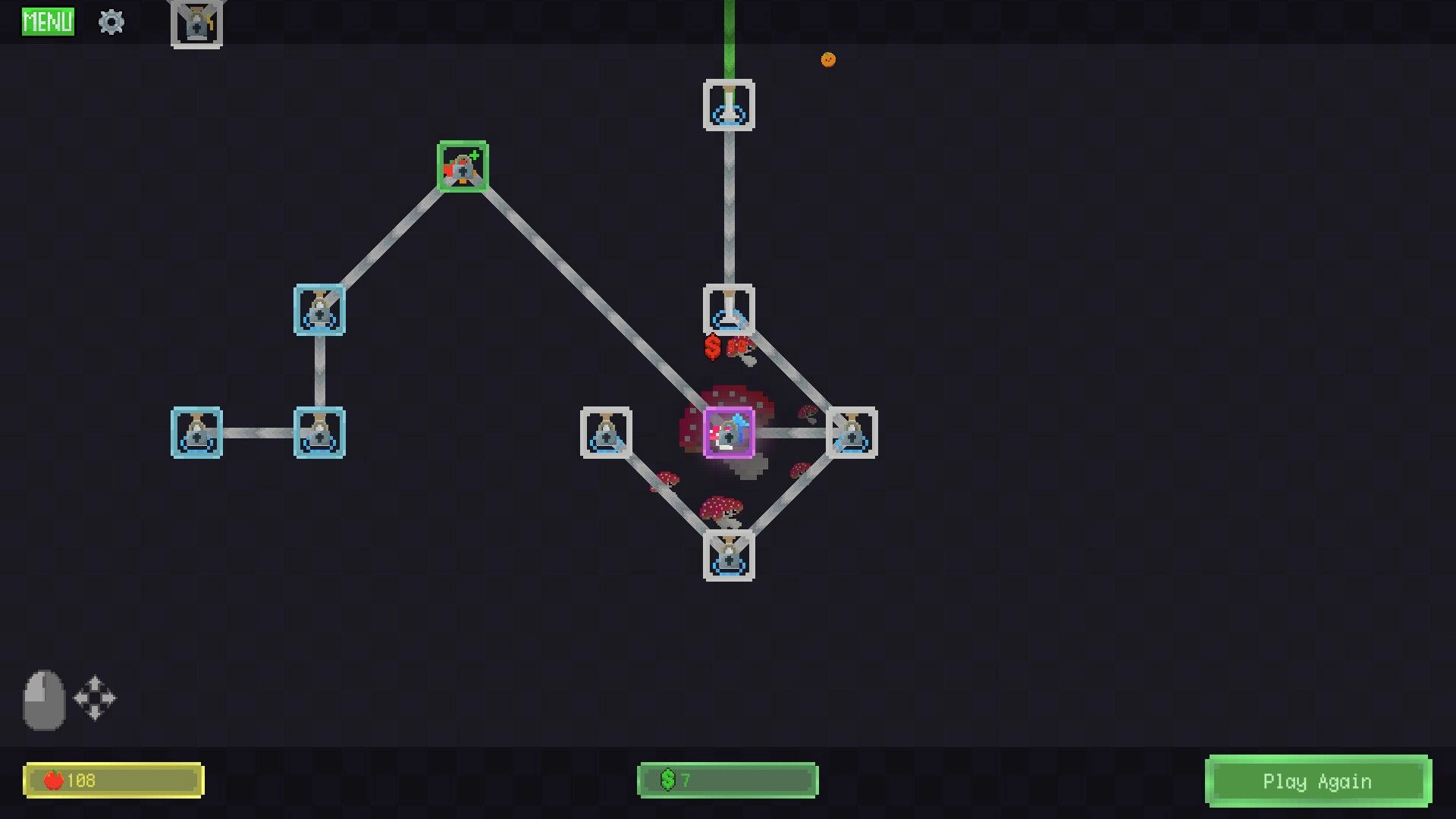 Snack Smasher: Upgrade path map with connected nodes and potion icons on a dark grid screen.