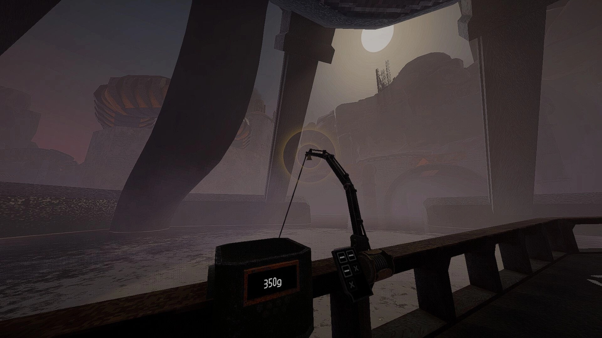SNAP JAW: Fishing rod and line over dark water from boat deck, foggy industrial ruins ahead, 350g UI.