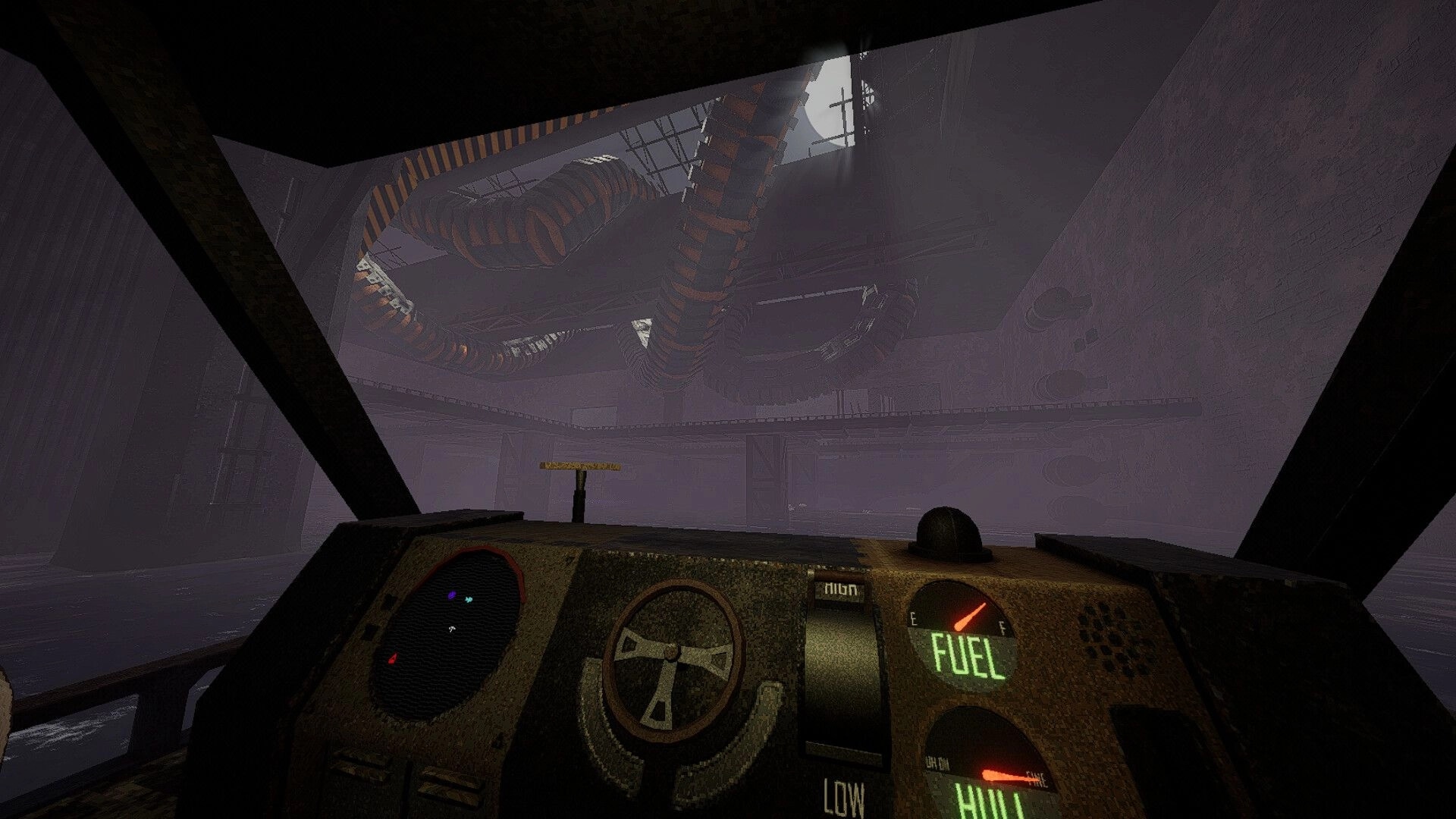 SNAP JAW: First-person boat cockpit with fuel and hull gauges in a foggy industrial dock cavern.