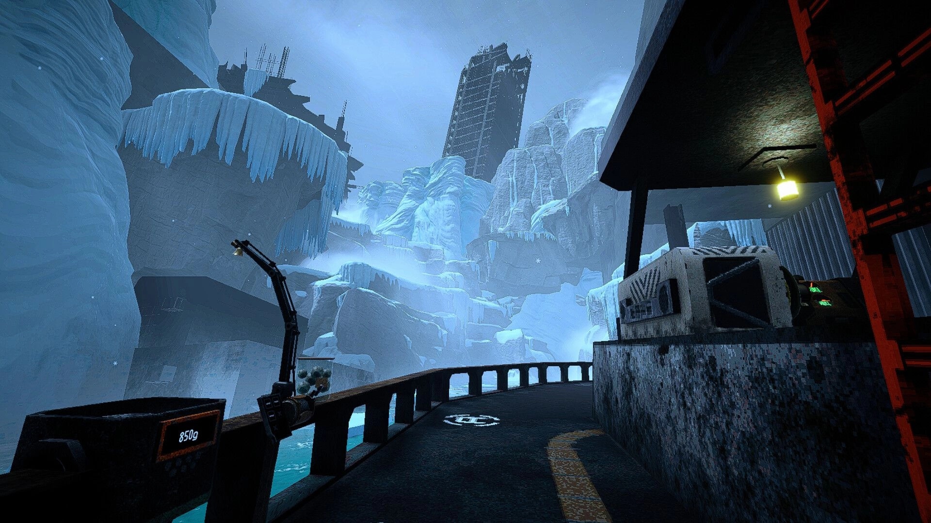 SNAP JAW: First-person view on boat deck with crane and 850g display in icy fjord ruins.