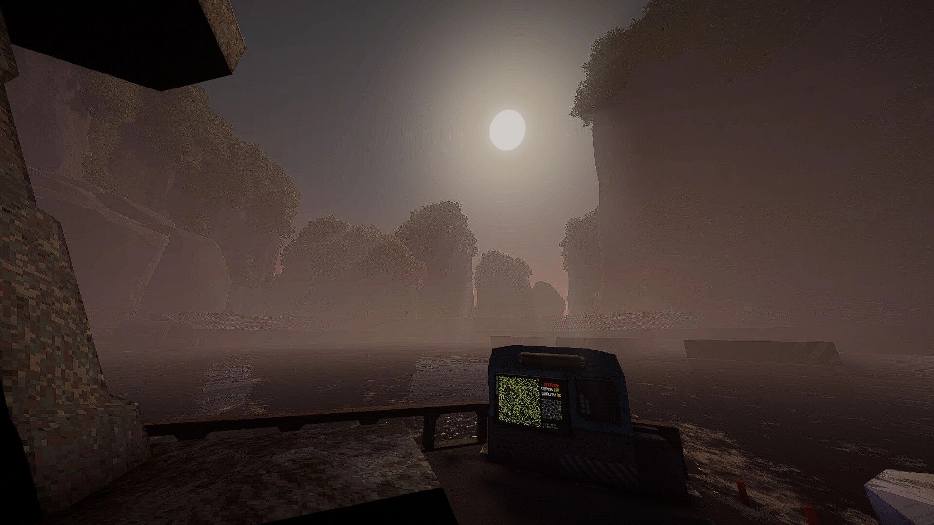 SNAP JAW: Steering a small boat past foggy cliffs at sunrise, with a static-filled sonar screen lit up.