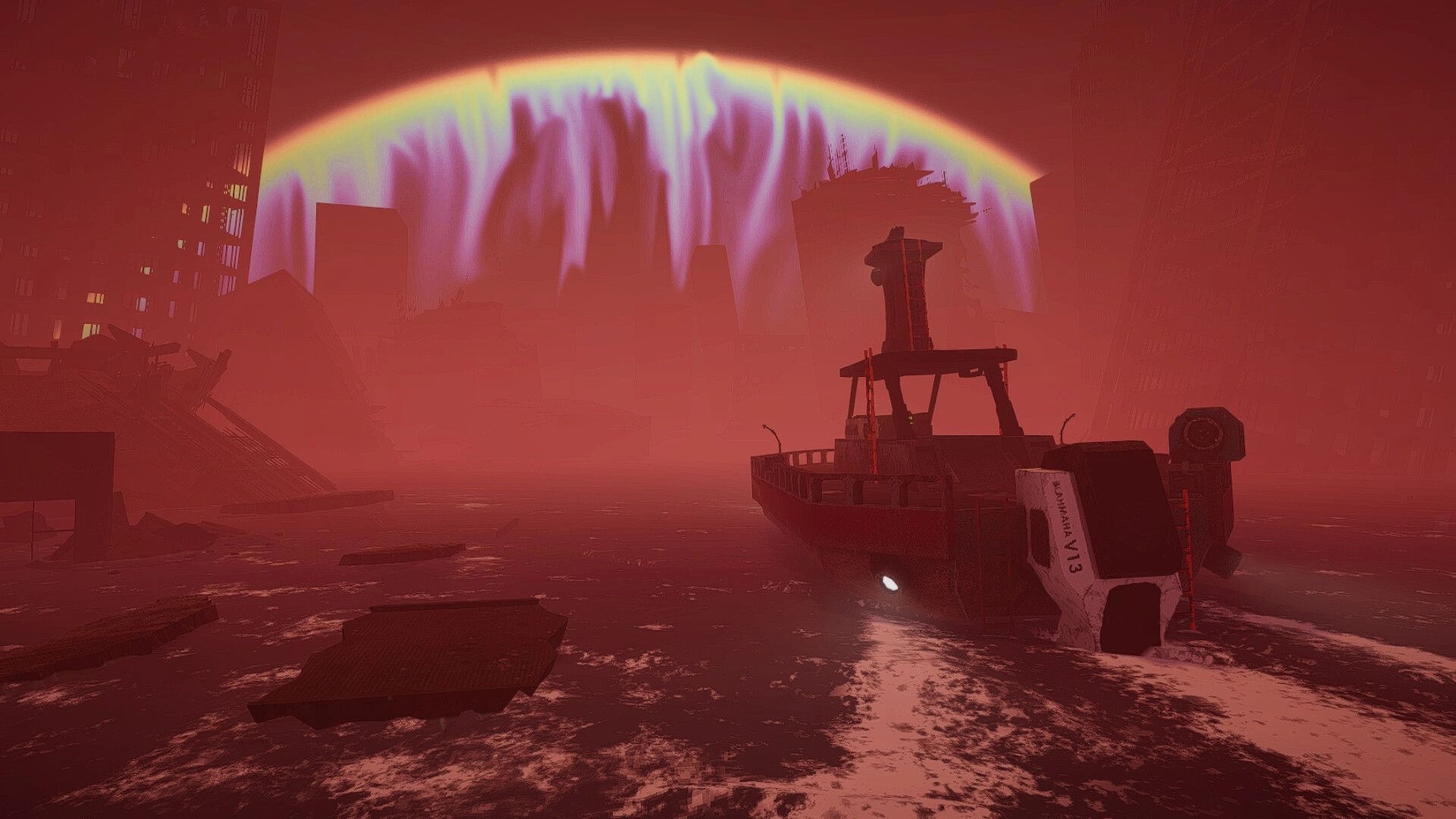 SNAP JAW: Small fishing boat drifting in flooded ruined city under a huge glowing aurora dome sky.