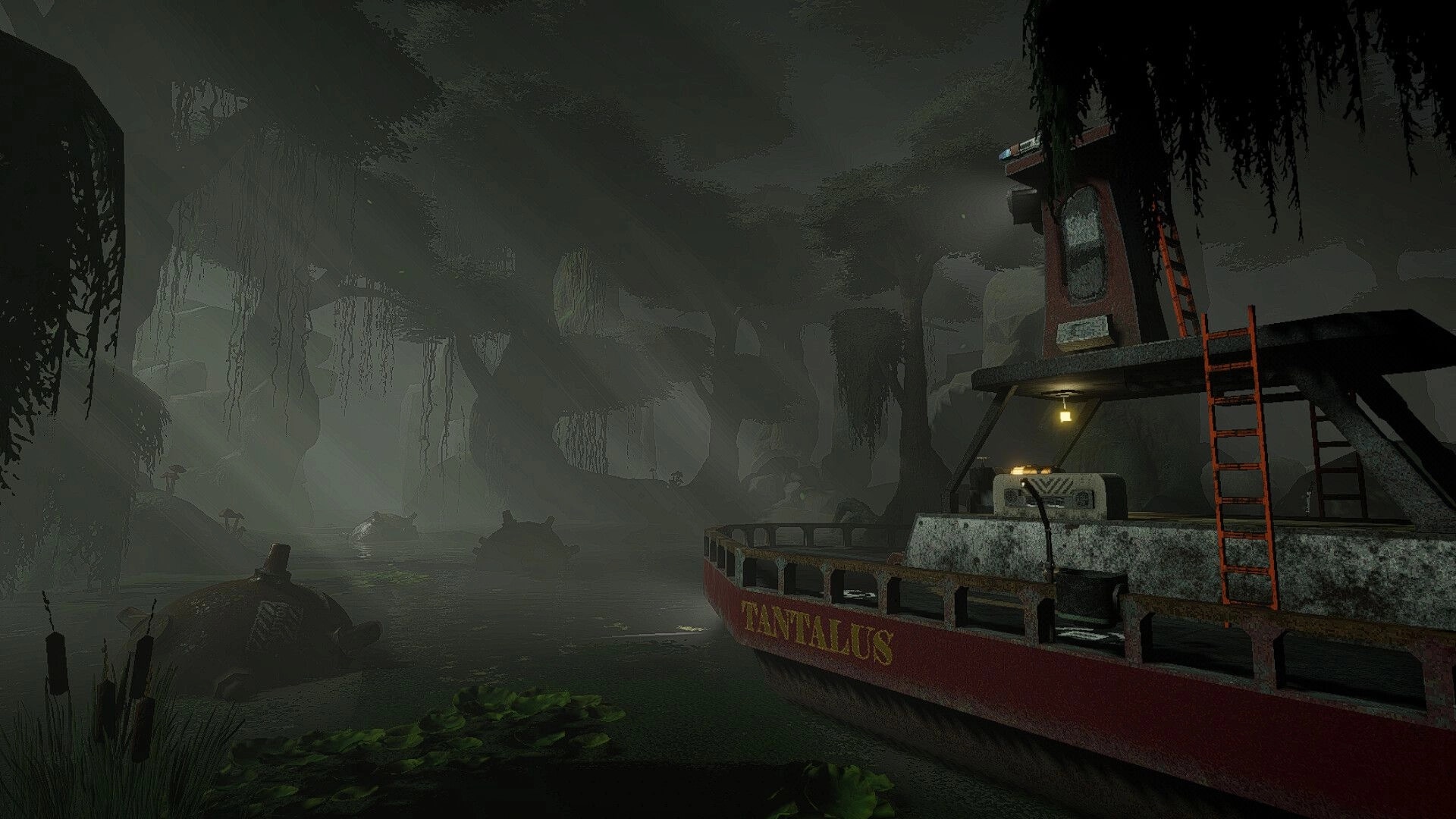 SNAP JAW: Rusted fishing boat TANTALUS idles in a foggy swamp with hanging trees and lily pads.