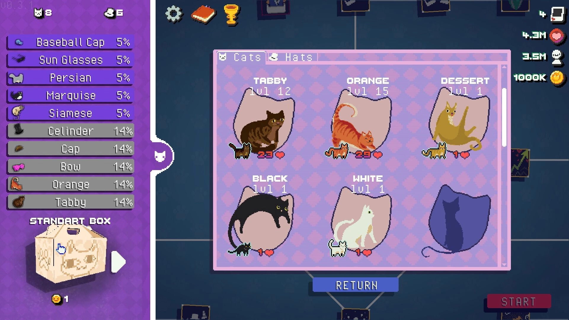 Snap the Cat: Cat collection menu with Tabby, Orange, Dessert, Black, White cards and hat odds list.