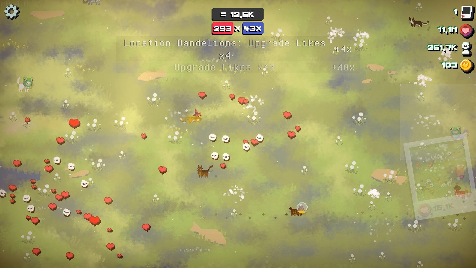 Snap the Cat: Upgrade Likes menu over grassy dandelion field with cats, hearts, and counters UI.