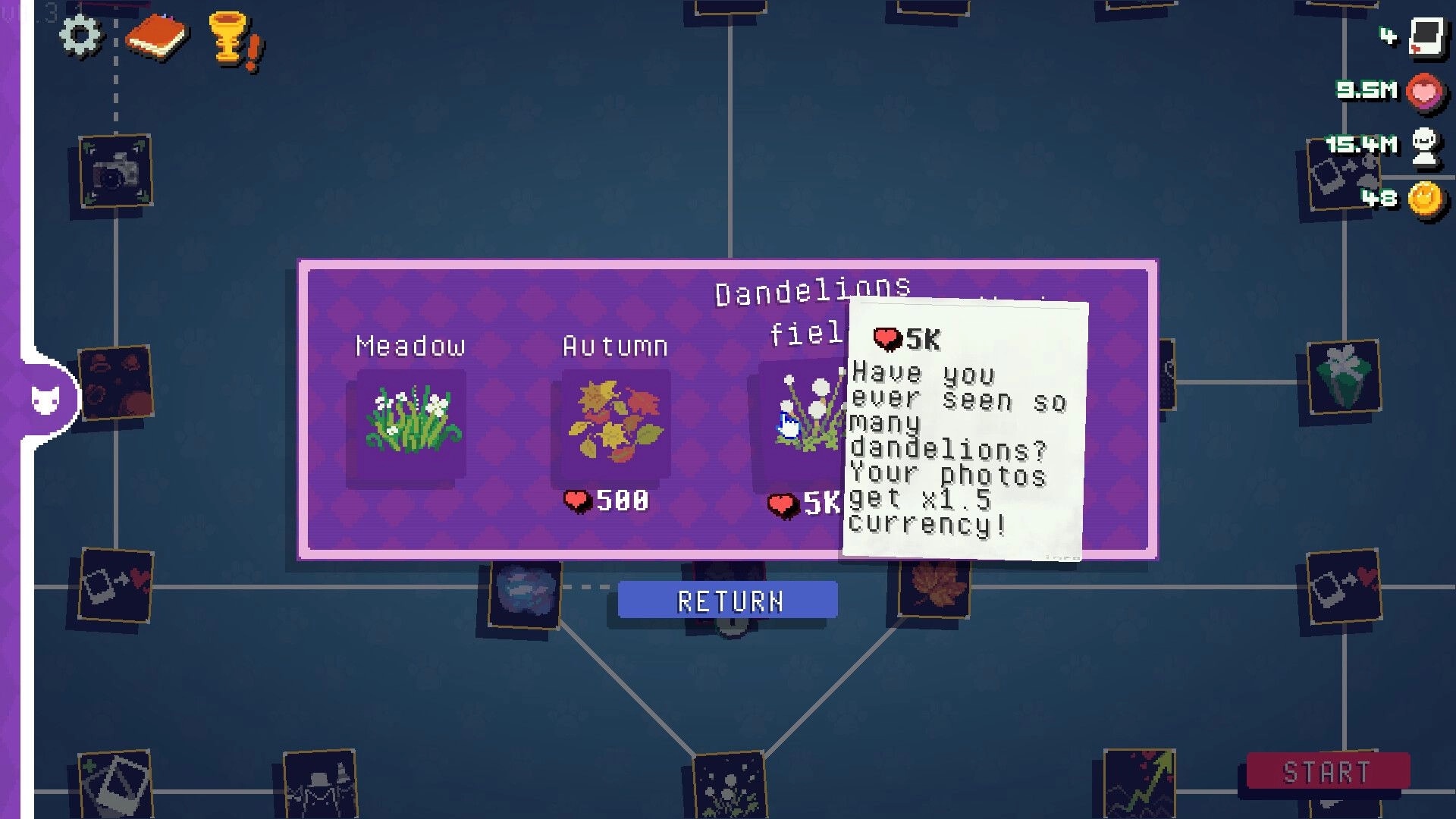 Snap the Cat: Upgrade map menu selecting Meadow, Autumn, and Dandelions field with costs and tooltip.