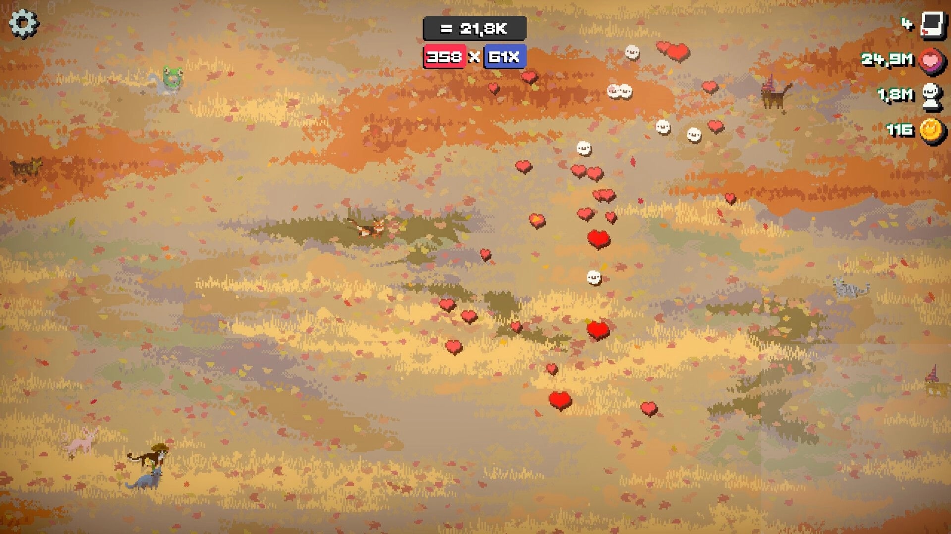 Snap the Cat: Cats wander a pixel grass field with floating hearts and follower icons, stats UI on top.