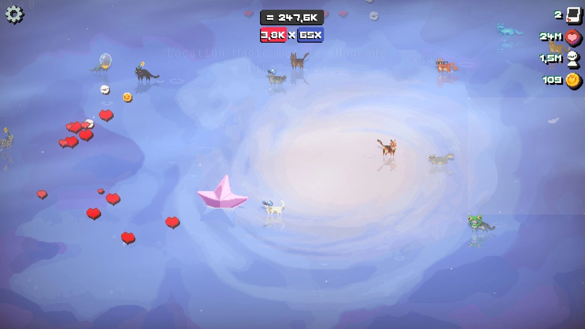 Snap the Cat: Cats wander a misty pond with hearts and a paper boat, currency counters at top right.