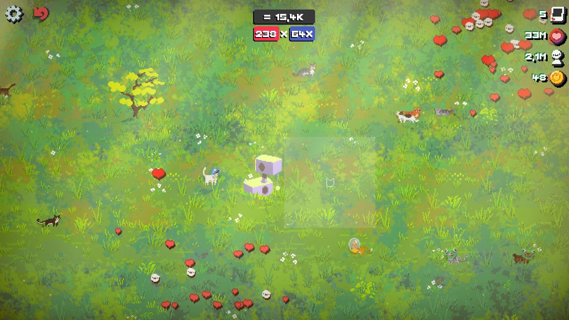 Snap the Cat: Cats wander a grassy field with hearts and counters, currency icons on the HUD.