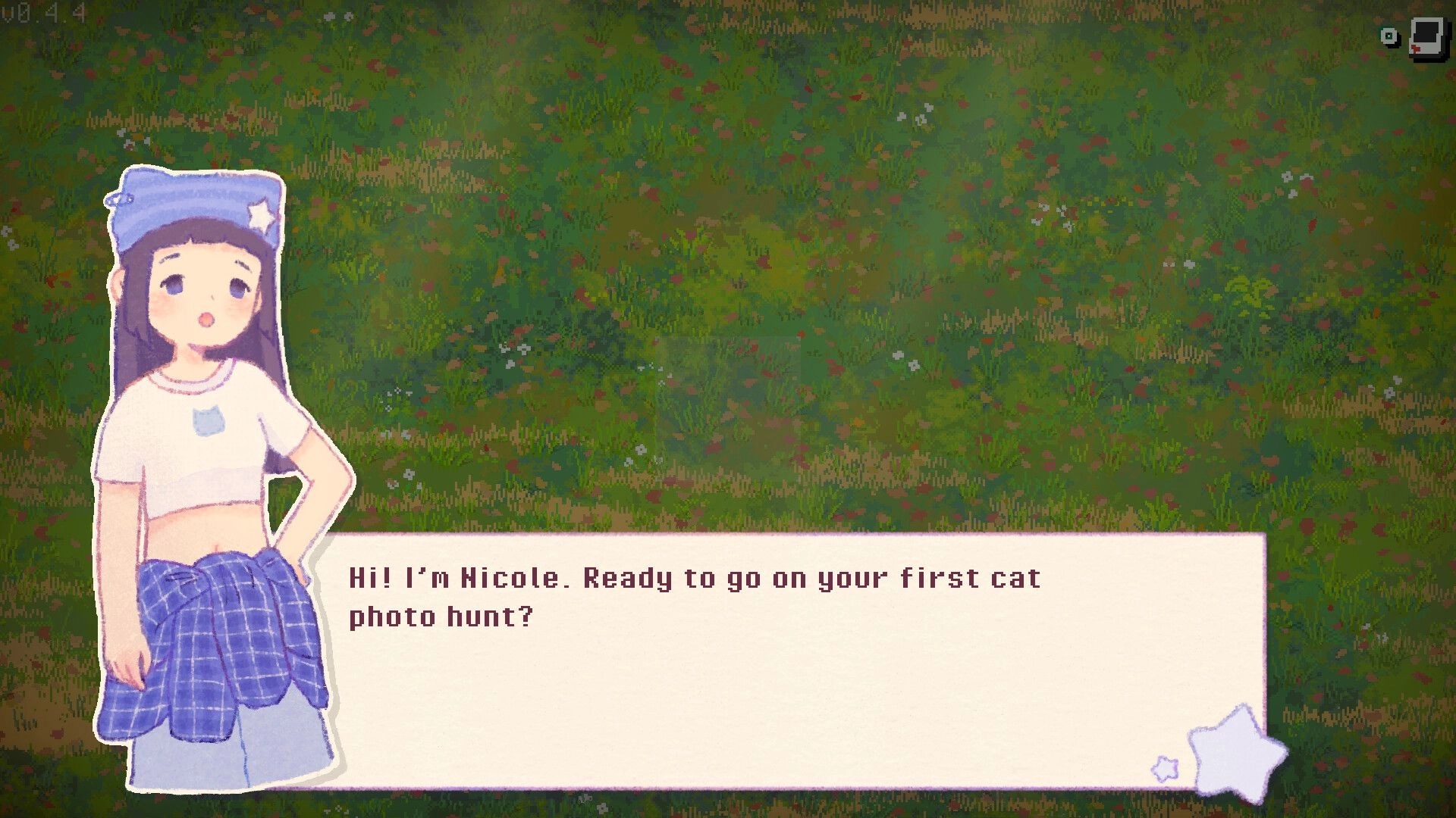 Snap the Cat: Nicole introduces the first cat photo hunt in a dialogue box over grassy field.