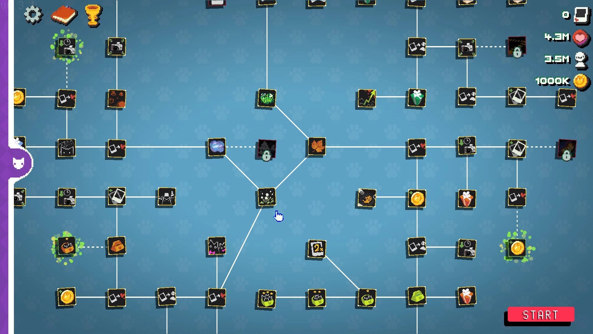 Snap the Cat: Upgrade skill tree with connected camera and coin nodes on blue pawprint background UI.