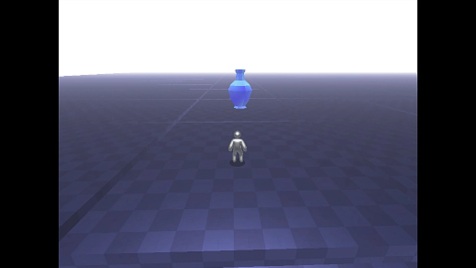 SNAPTIC: Small robot avatar faces a floating blue vase on a dark tiled test platform under blank sky.