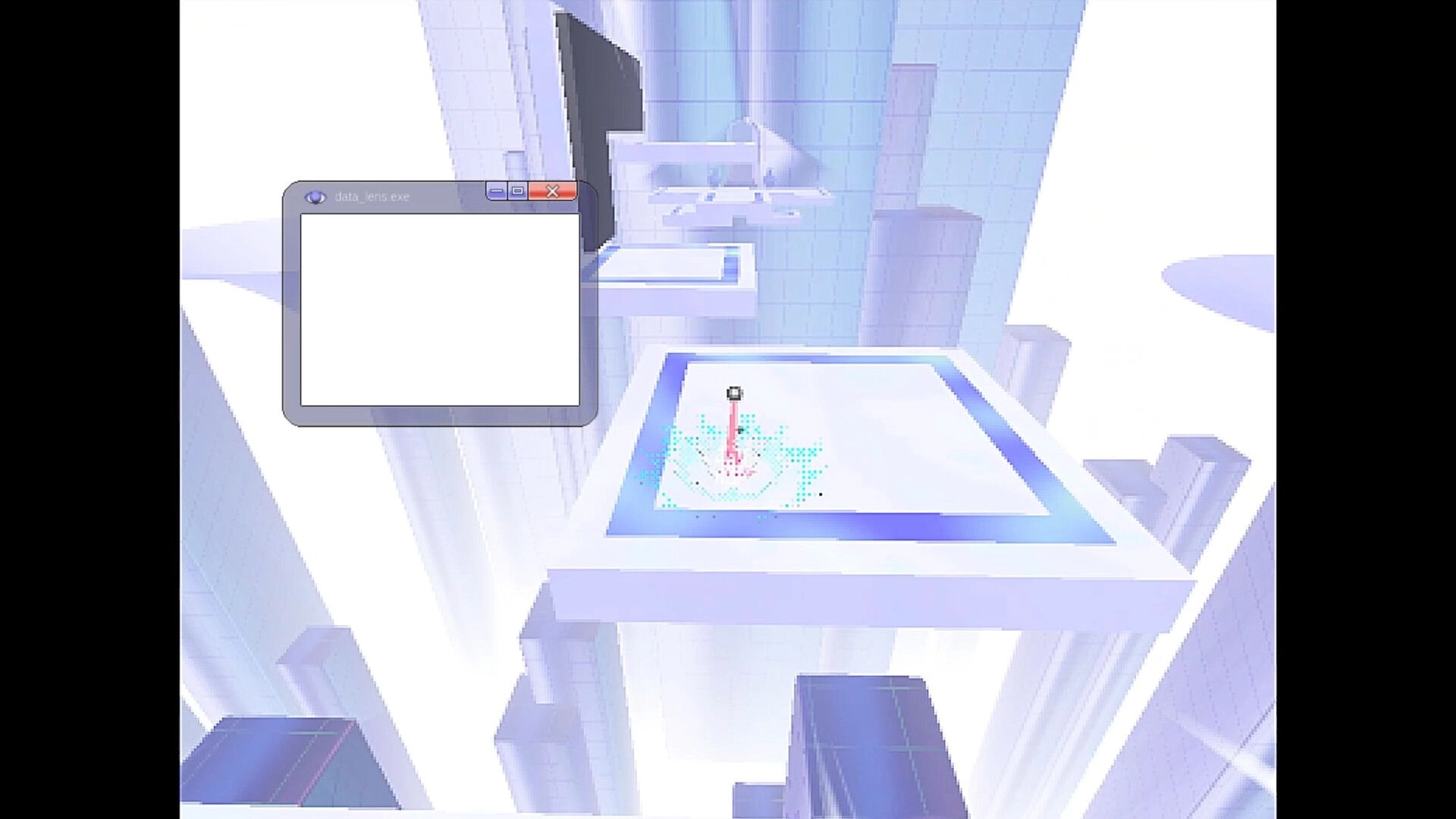 SNAPTIC: Blank data_lens.exe window beside a glowing platform with pixel spray in a white void tower.