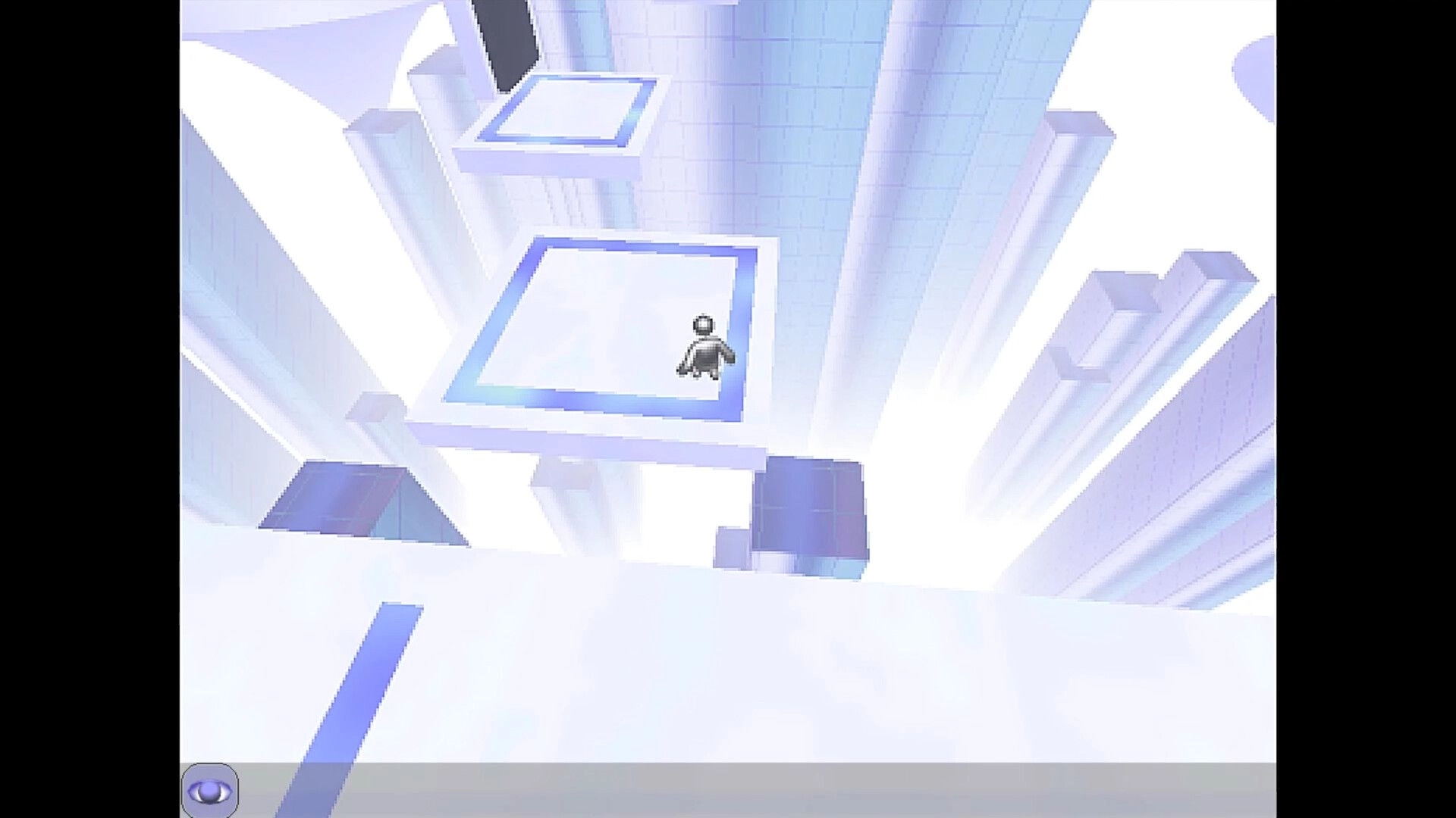 SNAPTIC: Small avatar stands on a floating square platform in a bright white-blue abstract cityscape.