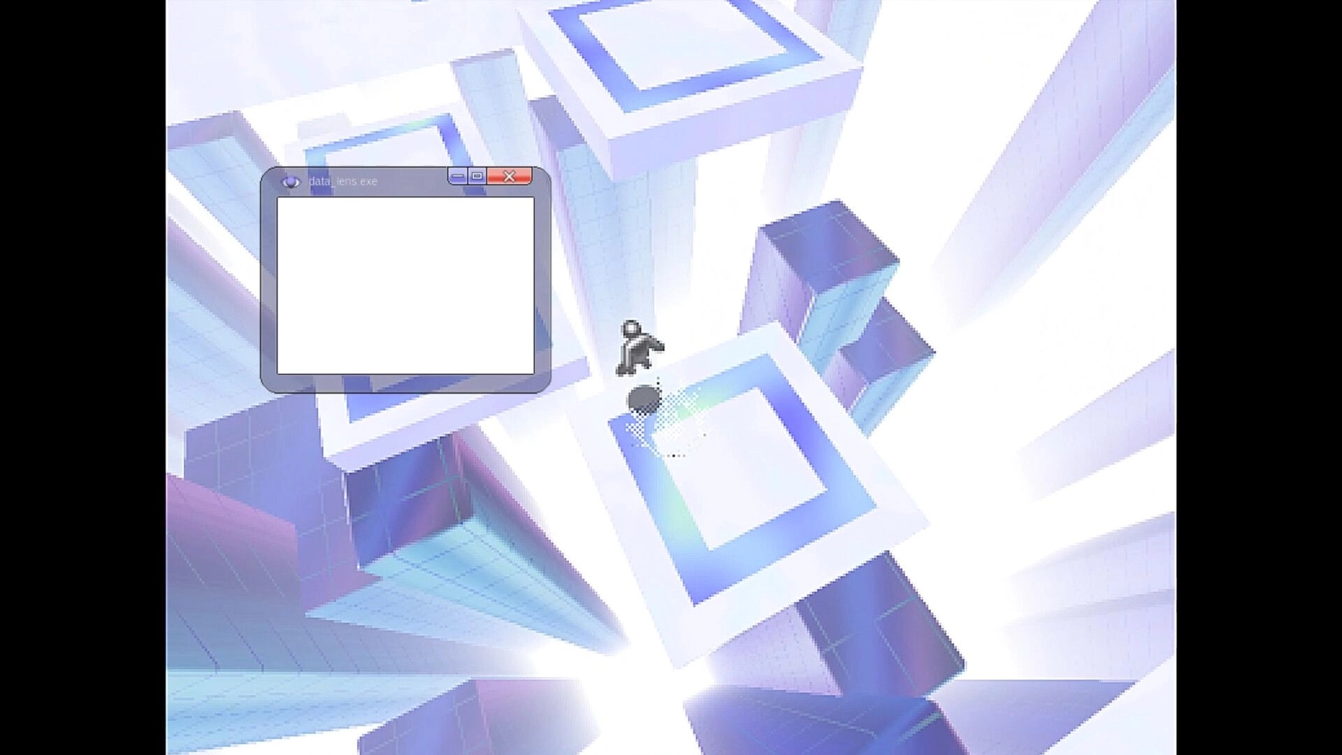 SNAPTIC: Tiny avatar jumps between floating square platforms beside a blank desktop window in neon void.