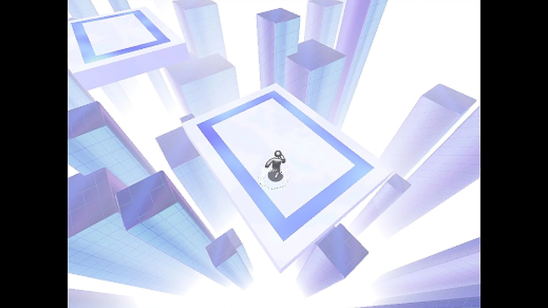 SNAPTIC: Tiny avatar stands on a blue-bordered square platform amid floating pastel blocks and ramps.