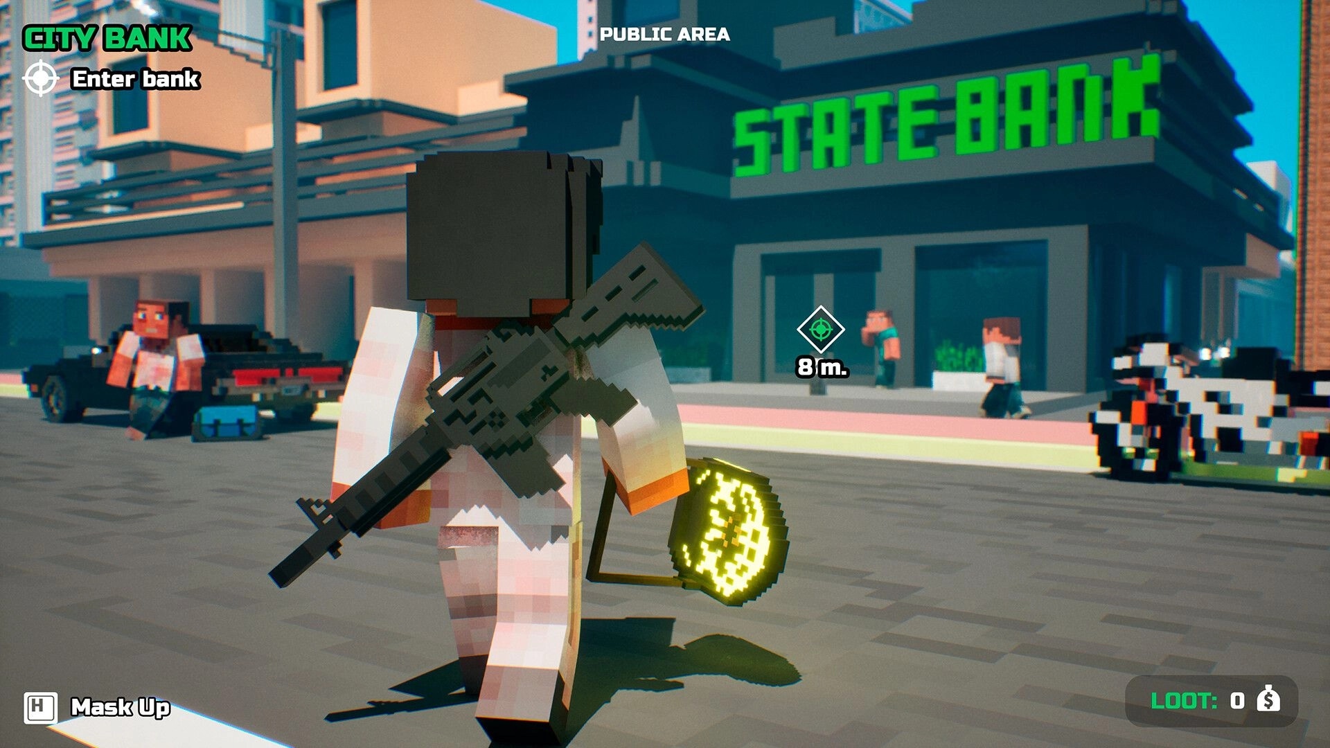 Snatch Squad: Player approaches State Bank with gun and mask icon, ready to start a heist in city.