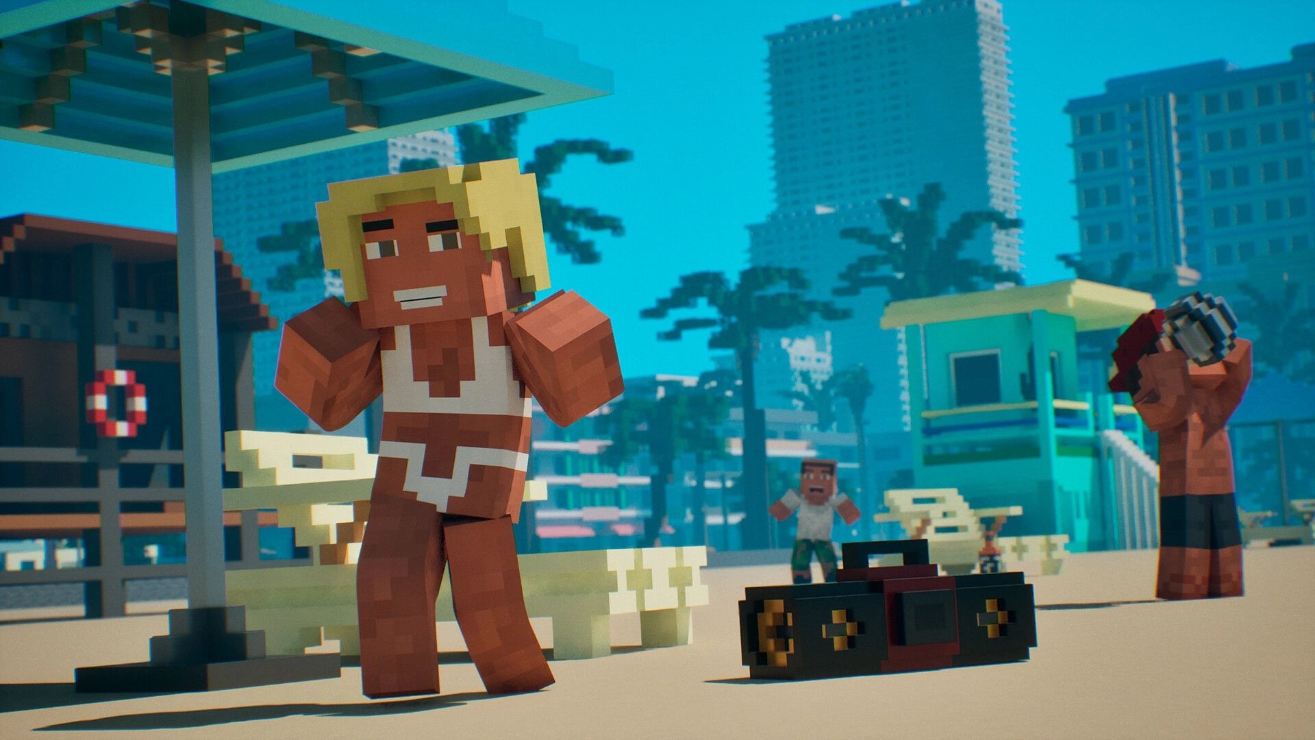 Snatch Squad: Characters on a sunny beach with palm trees and boombox, buildings visible in background