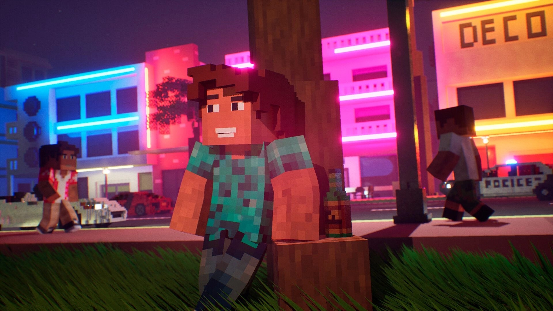 Snatch Squad: Character hides by tree in neon-lit street, with pedestrians and police car nearby