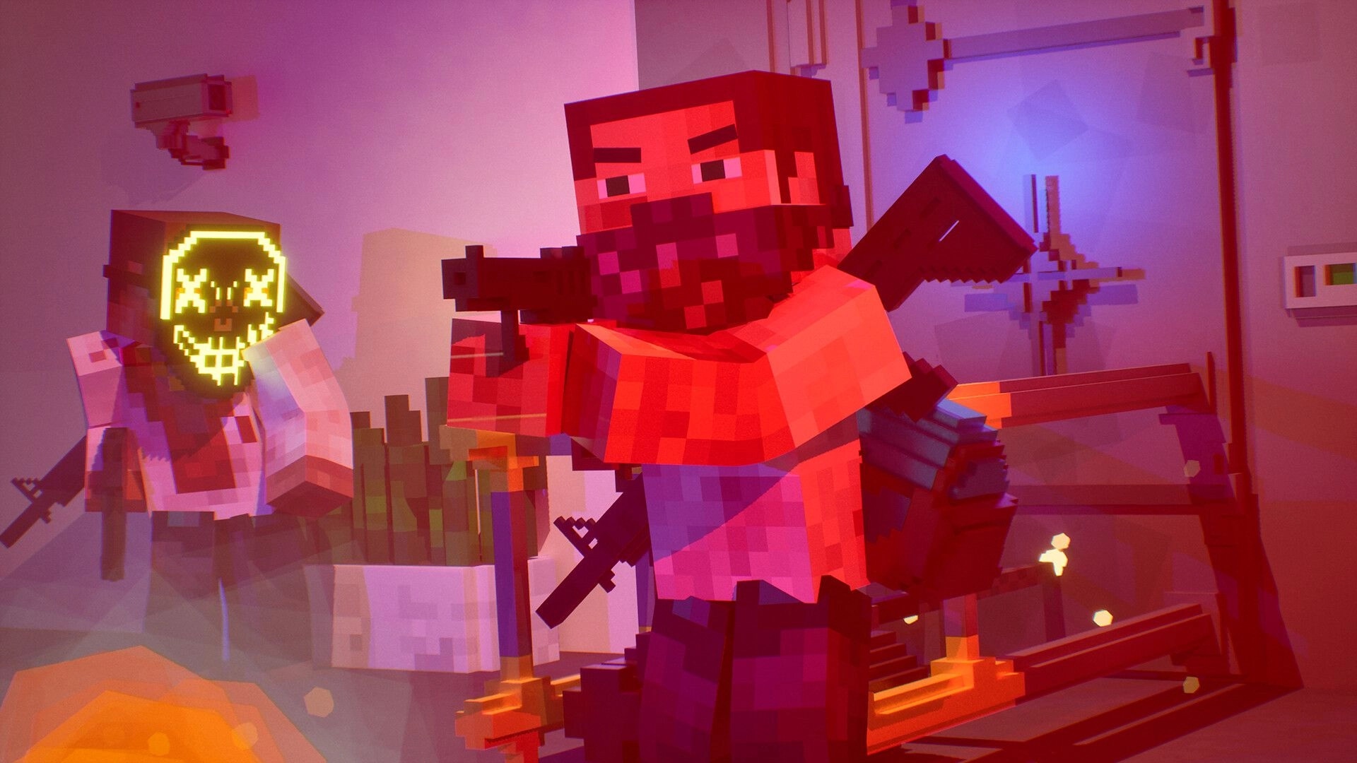Snatch Squad: Armed heist crew with masks and guns in a neon-lit vault room under surveillance camera