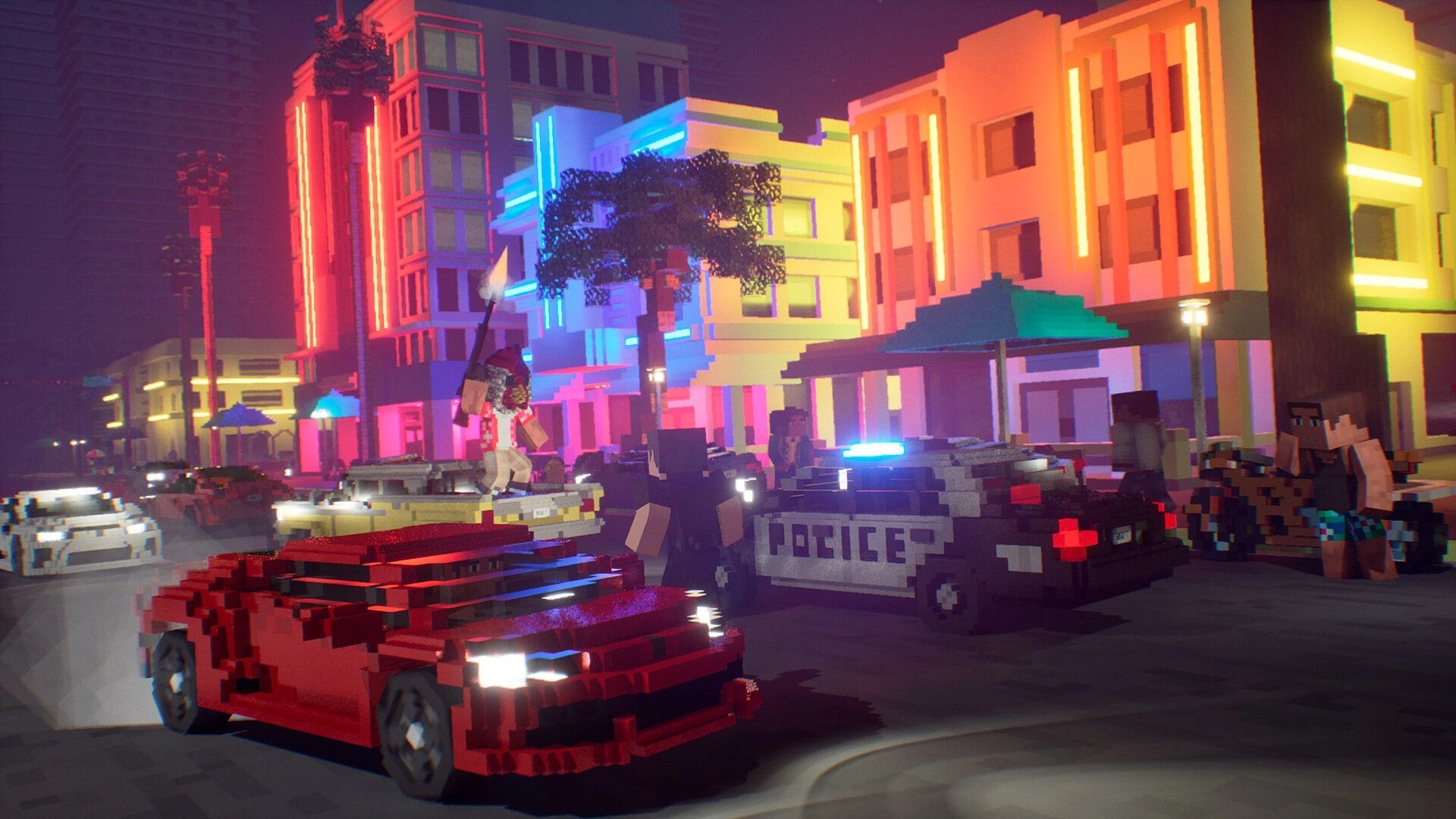 Snatch Squad: Heist in progress with characters and police cars in a neon-lit voxel city street