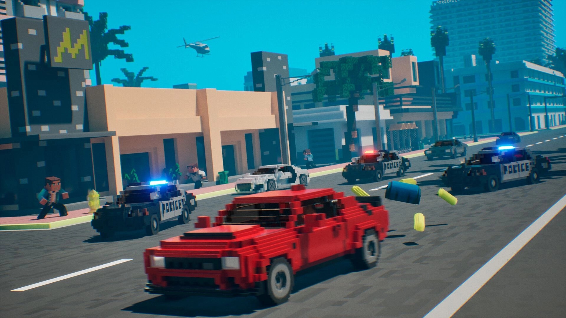 Snatch Squad: Police chase red car in voxel city with helicopters overhead and pedestrians nearby