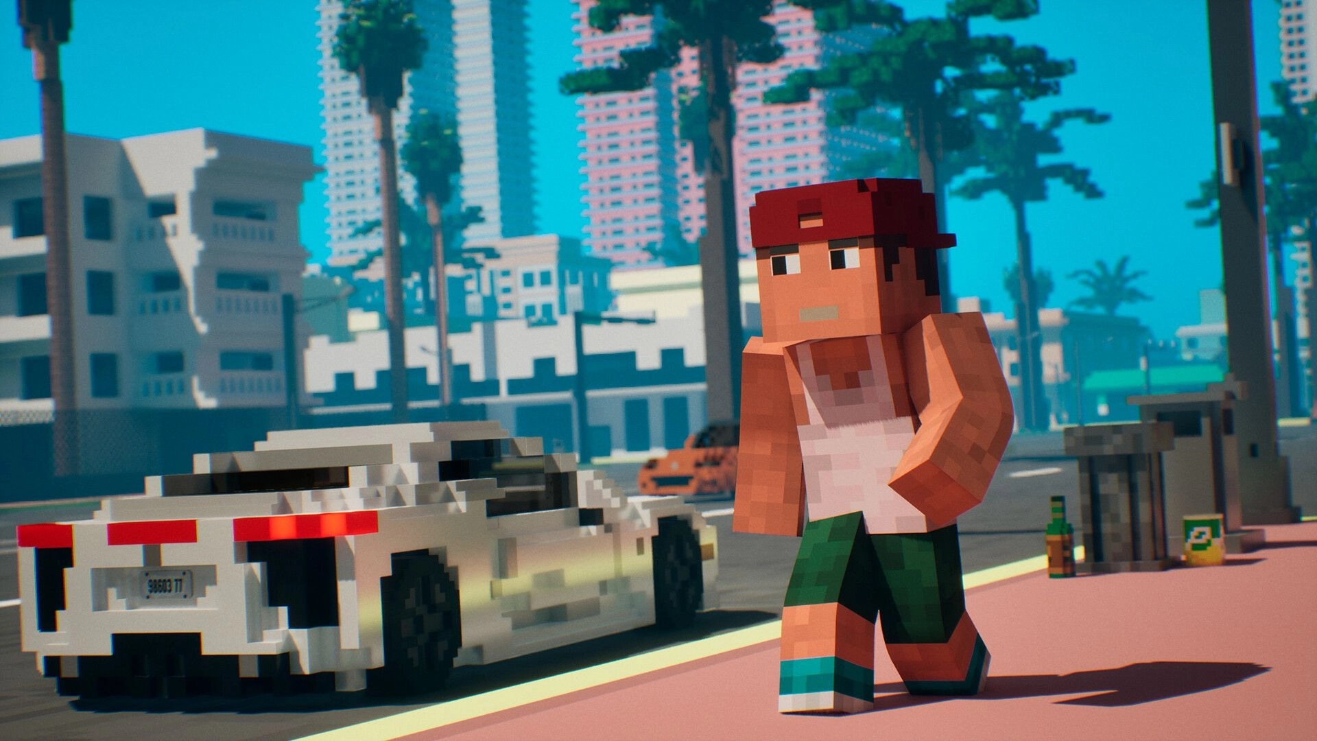 Snatch Squad: Character walking on sunny city street with high-rise buildings and parked white car nearby