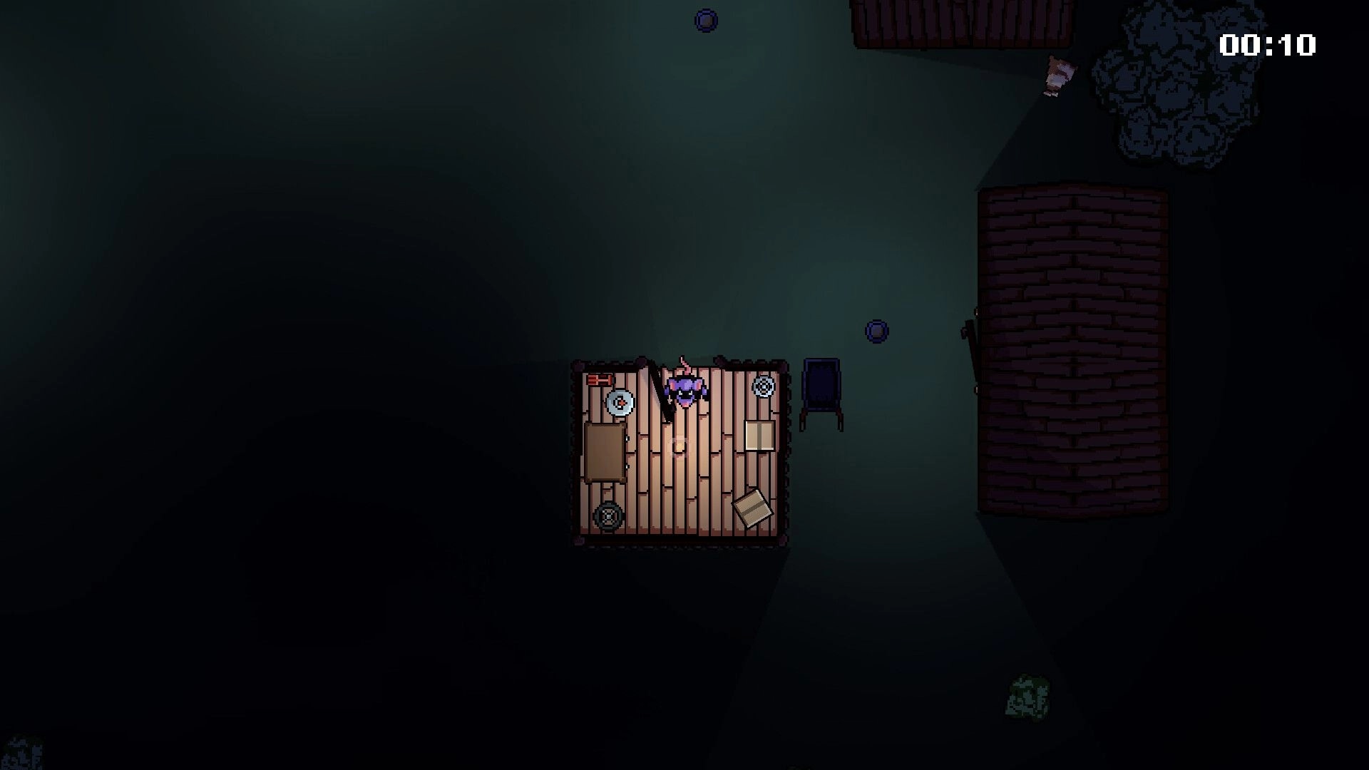 Sneaky Tail: Mouse sneaks on a lit wooden platform near a house at night, timer reads 00:10.