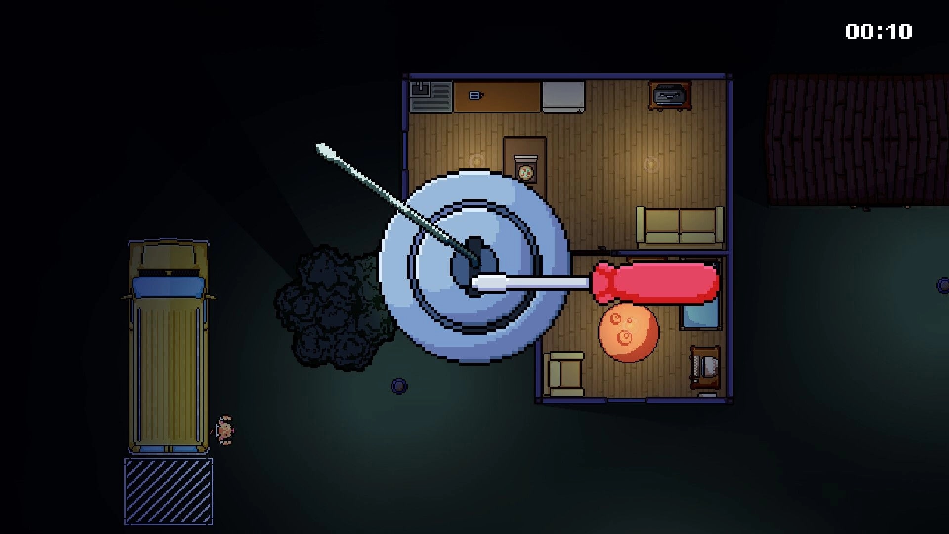 Sneaky Tail: Lockpicking minigame over a house interior at night, timer reads 00:10 in HUD.