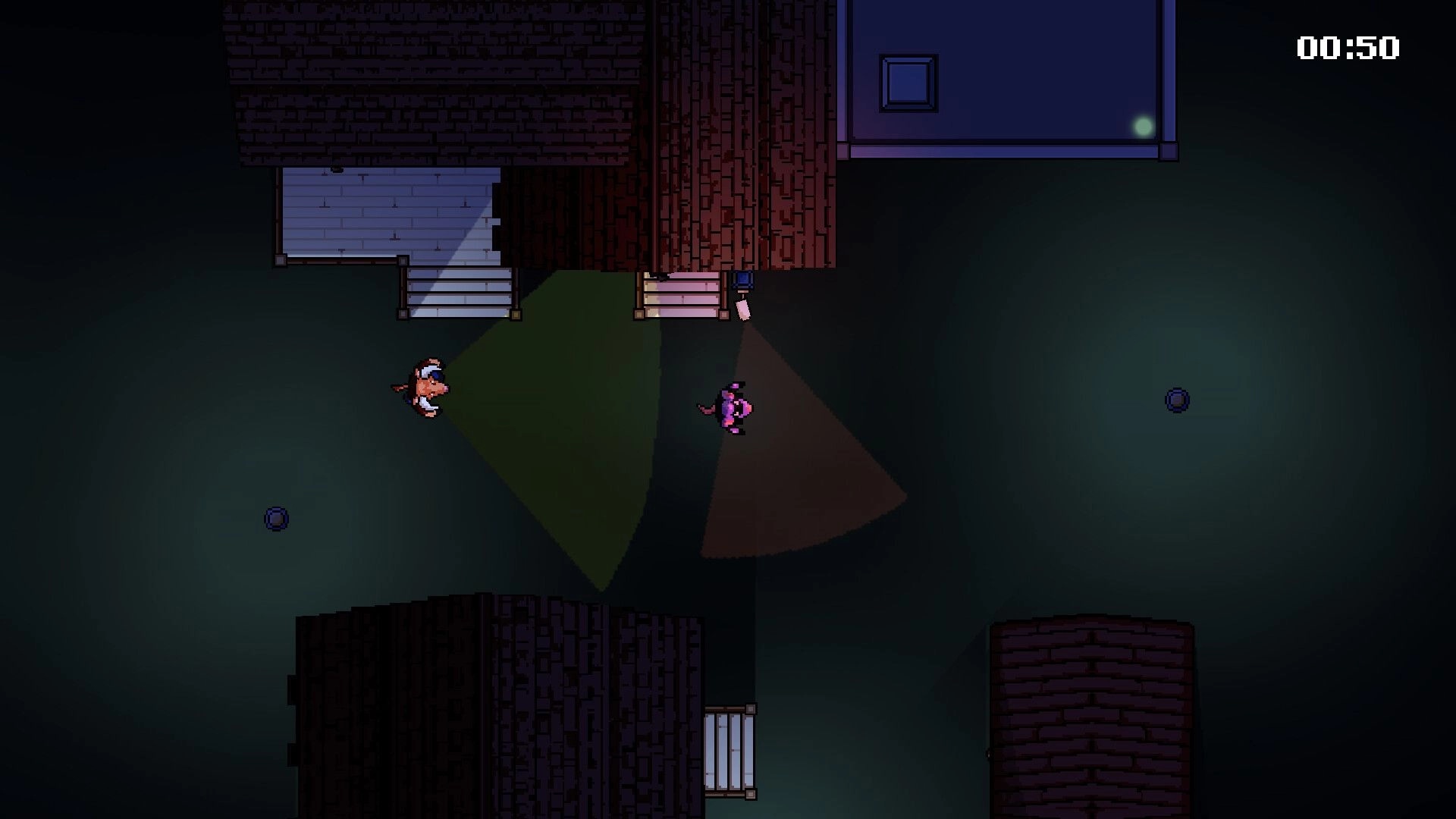 Sneaky Tail: Mouse sneaks past a guard’s flashlight cone in dark alley by wooden fences, timer 00:50.