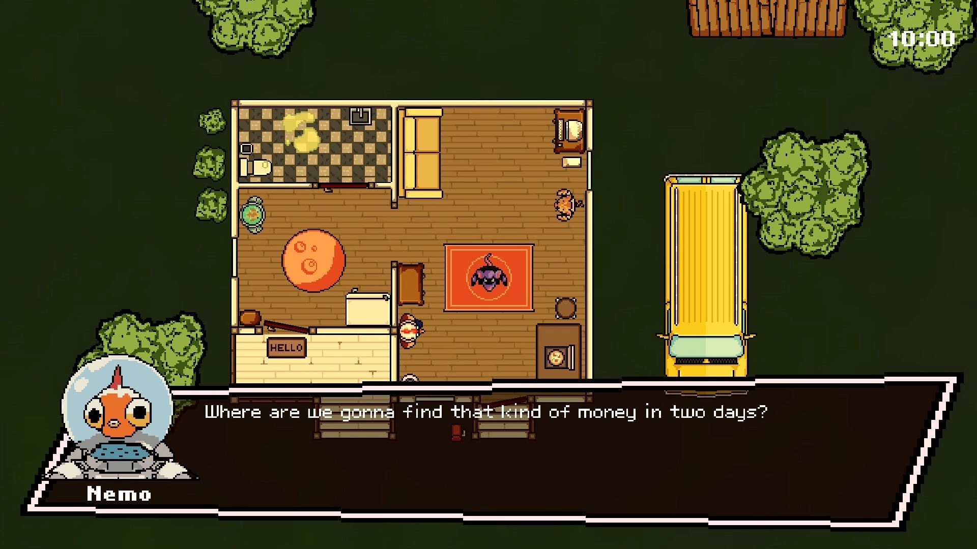 Sneaky Tail: Nemo dialogue box over top-down house interior, mouse by bed, yellow van outside.