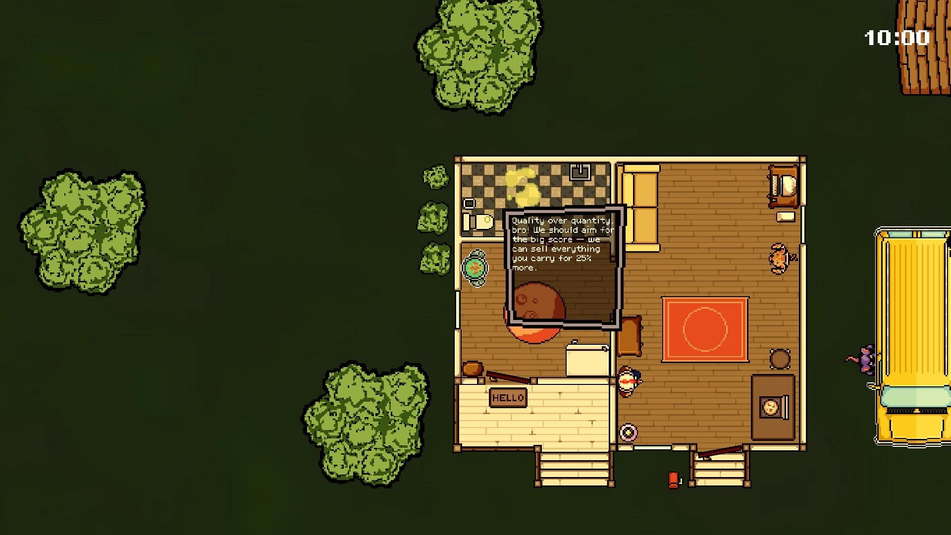 Sneaky Tail: Mouse talks via dialogue box inside cabin as minivan waits outside at 10:00 timer.
