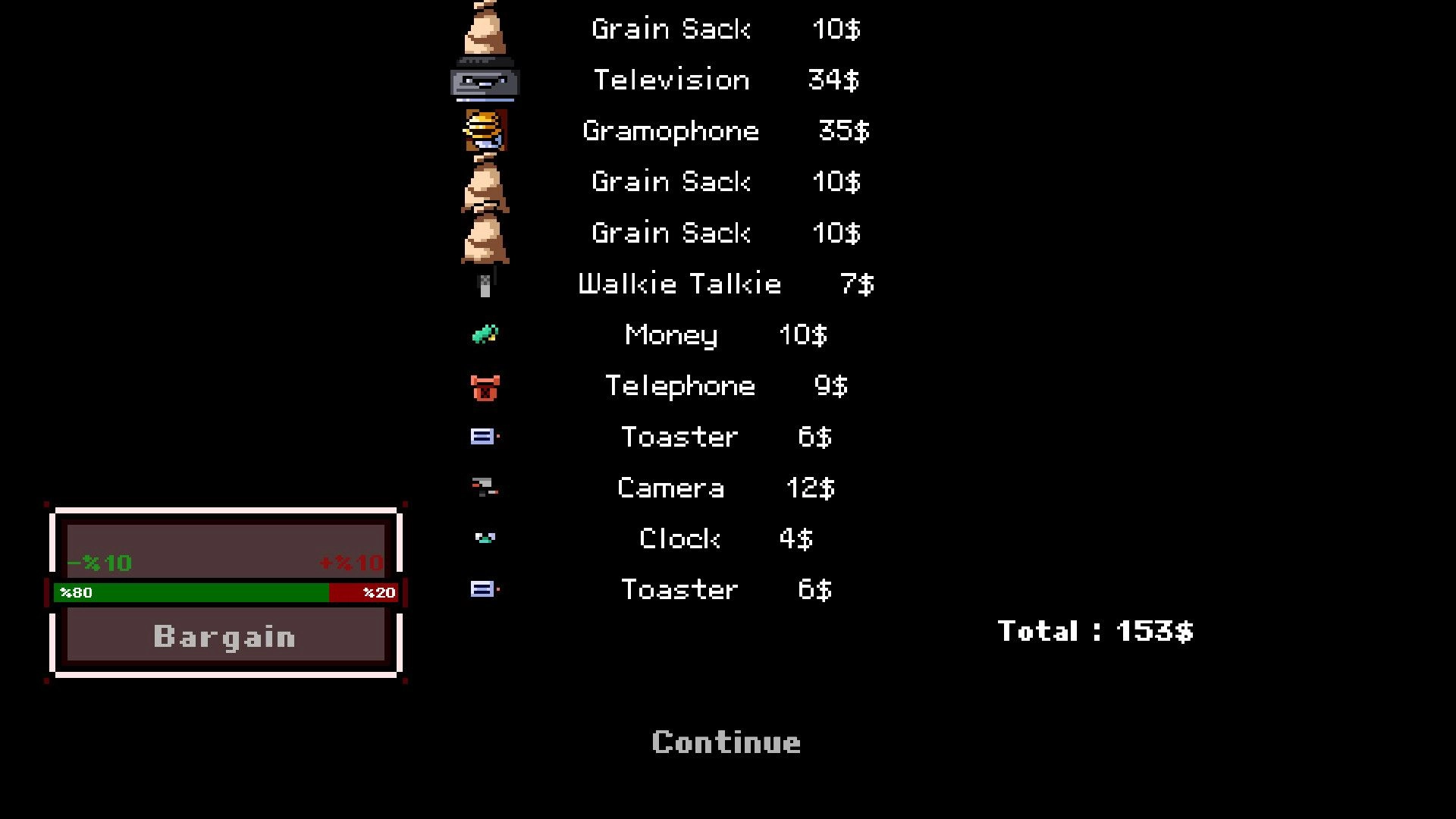 Sneaky Tail: Loot tally screen listing stolen items and prices, bargain meter, total $153, continue button.