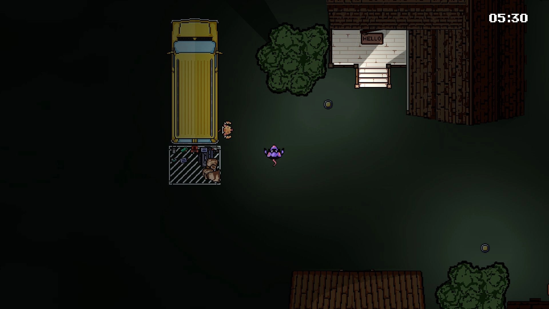Sneaky Tail: Mouse sneaks by a yellow van near a house porch at night, timer 05:30 on HUD.