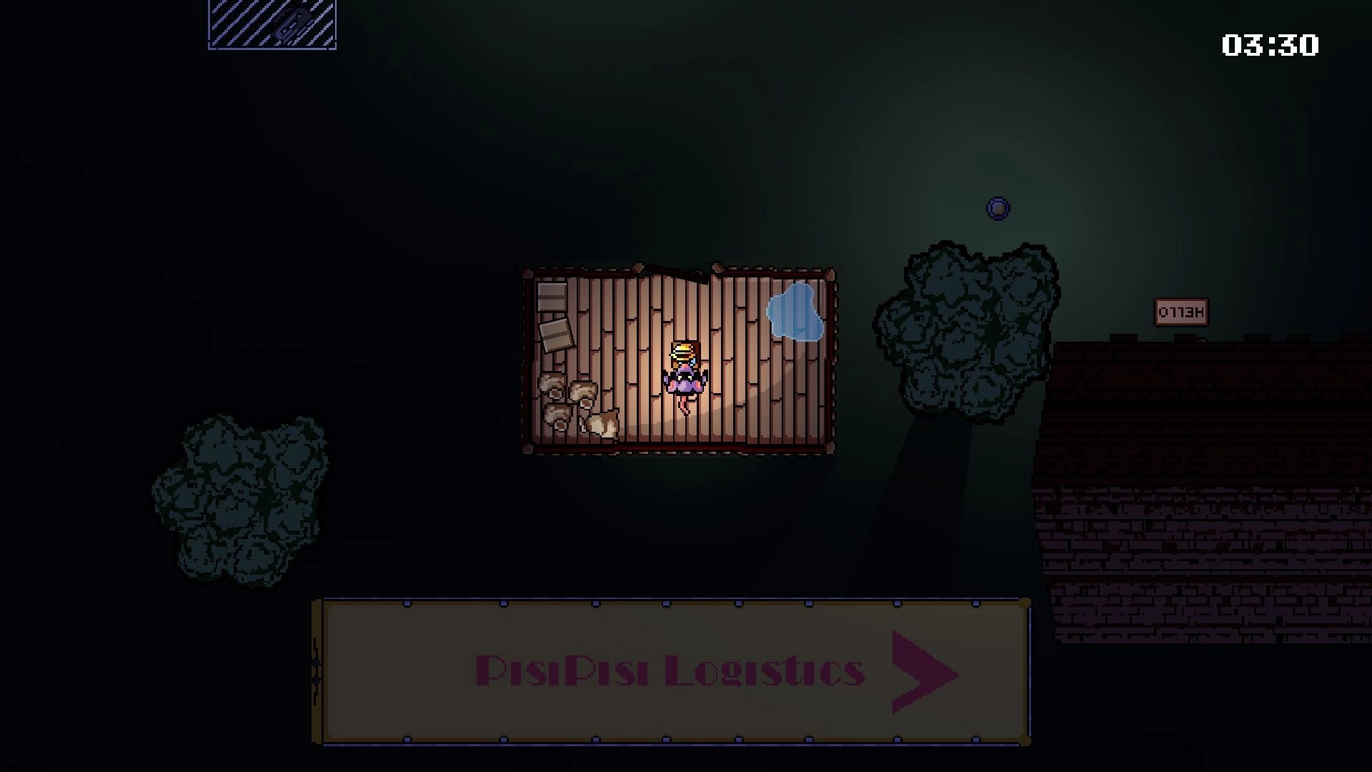 Sneaky Tail: Player stands on a lit wooden platform at night near bushes, timer 03:30 visible.