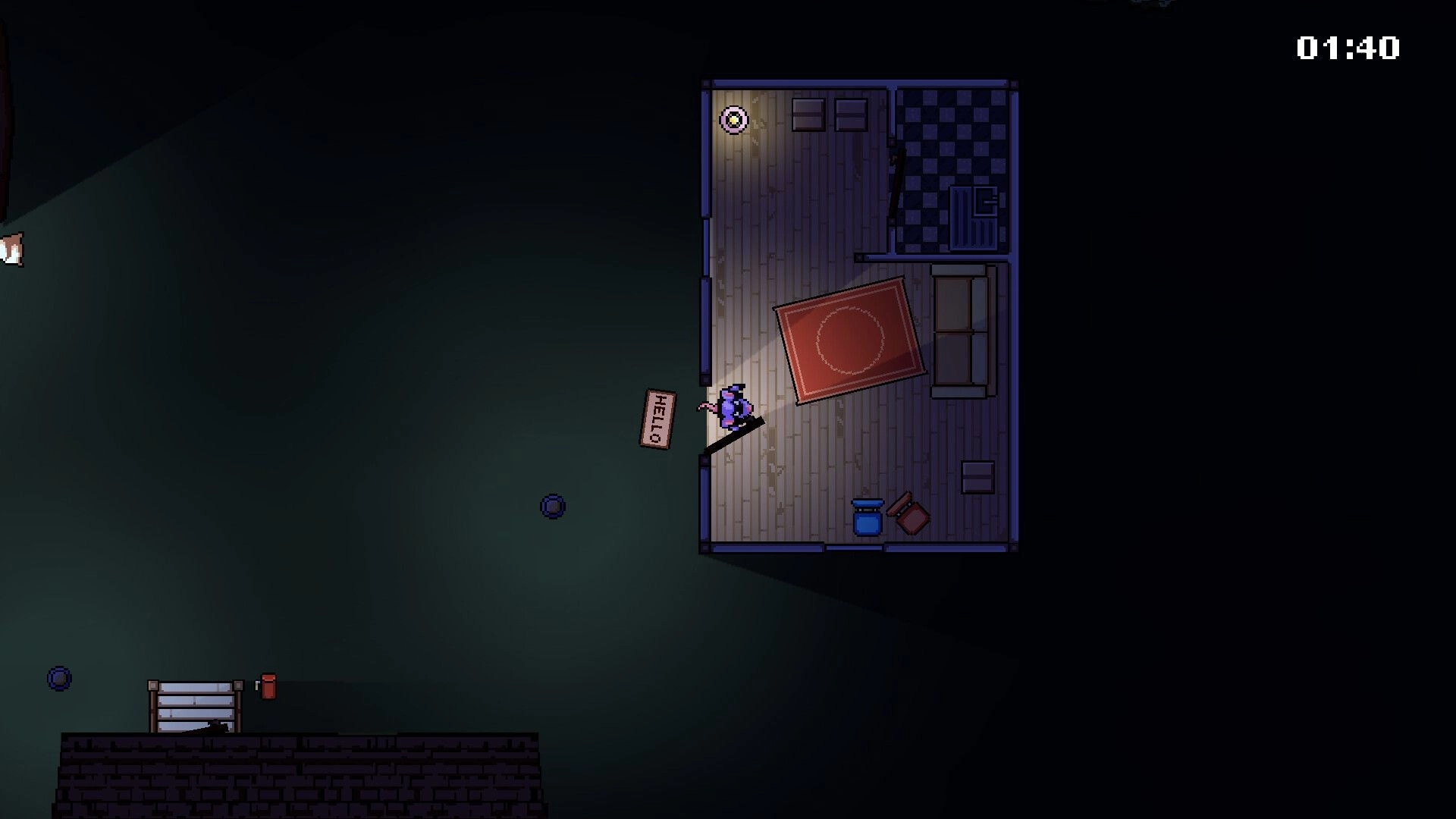 Sneaky Tail: Mouse sneaks through a lit house room with rug and sofa, timer 01:40 in corner.