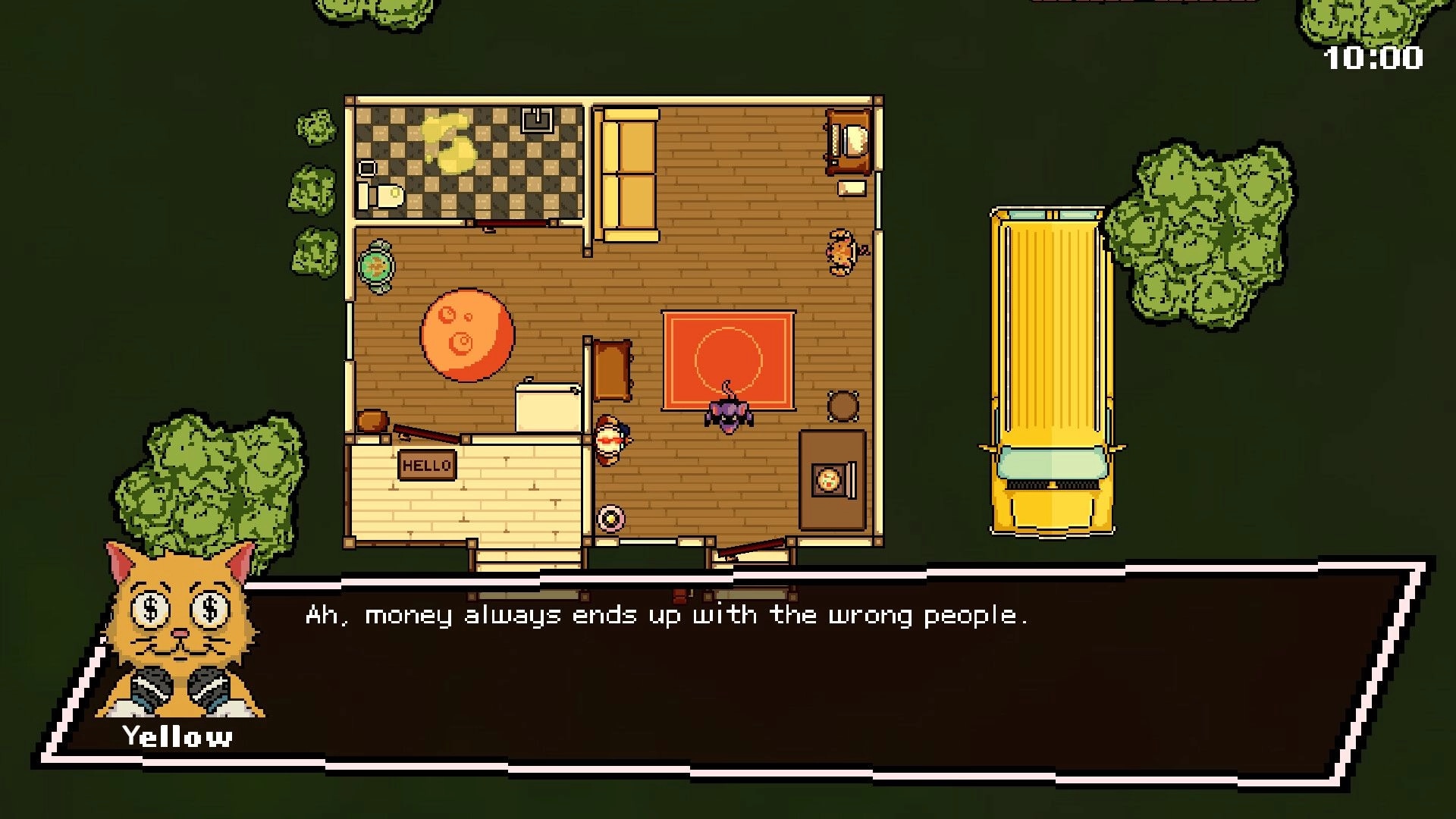 Sneaky Tail: Dialogue with Yellow over top-down house interior, mouse by rug and yellow van outside.