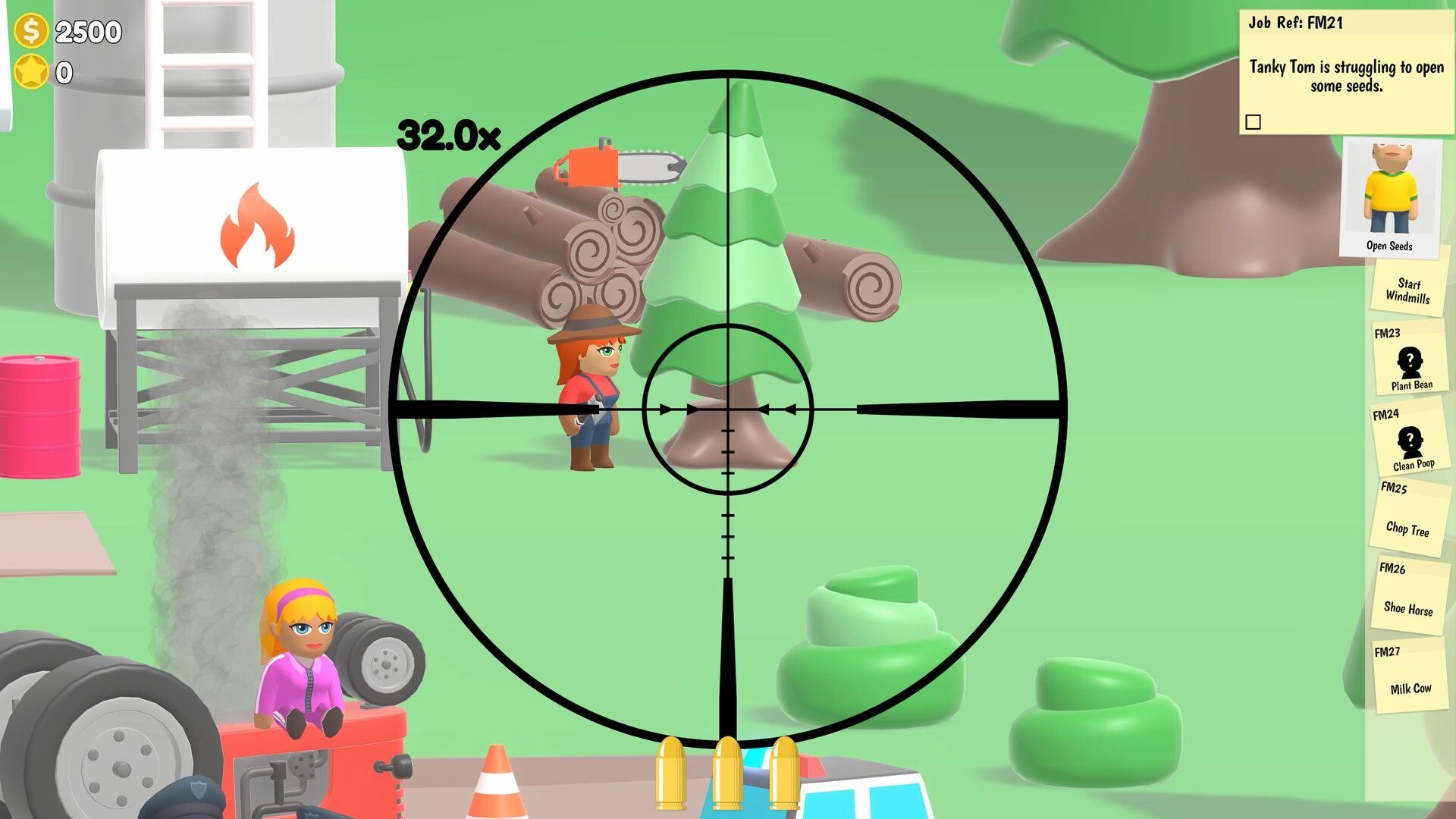Sniper Dan: 32x sniper scope aims at a pine tree by logs and a chainsaw, with job list UI visible.