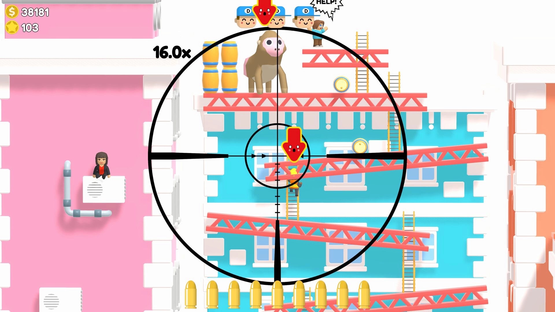 Sniper Dan: Sniper scope aims at red arrow target on scaffolded building with ladders and monkey, 16x zoom.