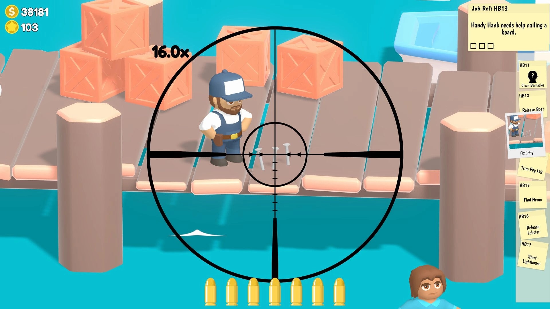 Sniper Dan: Sniper scope aims at nails by a dock worker on wooden pier with job list UI visible.