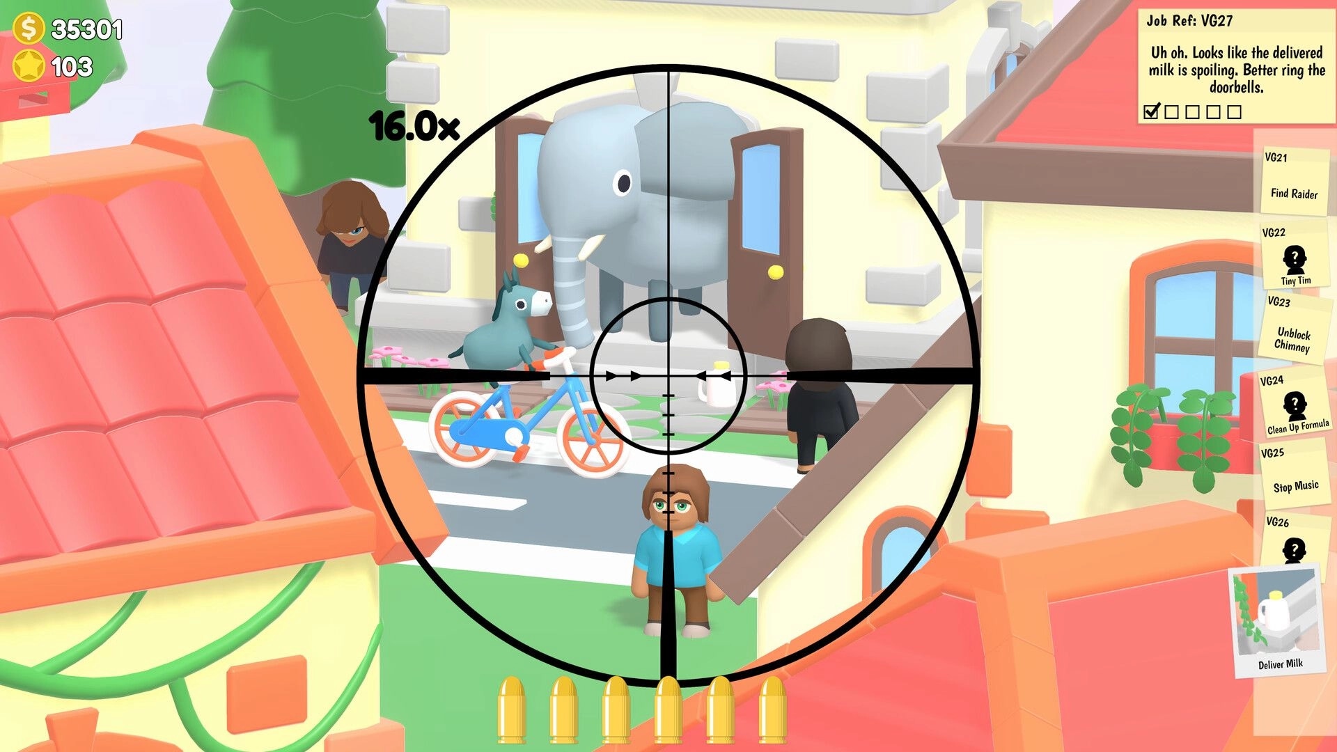 Sniper Dan: Sniper scope aimed at milk bottle by doorway, elephant inside house, job list UI open.