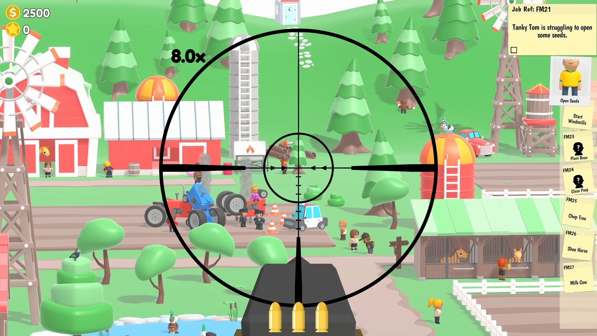 Sniper Dan: Sniper scope aimed at farm road chaos, with job list UI and 8.0x zoom over barns.