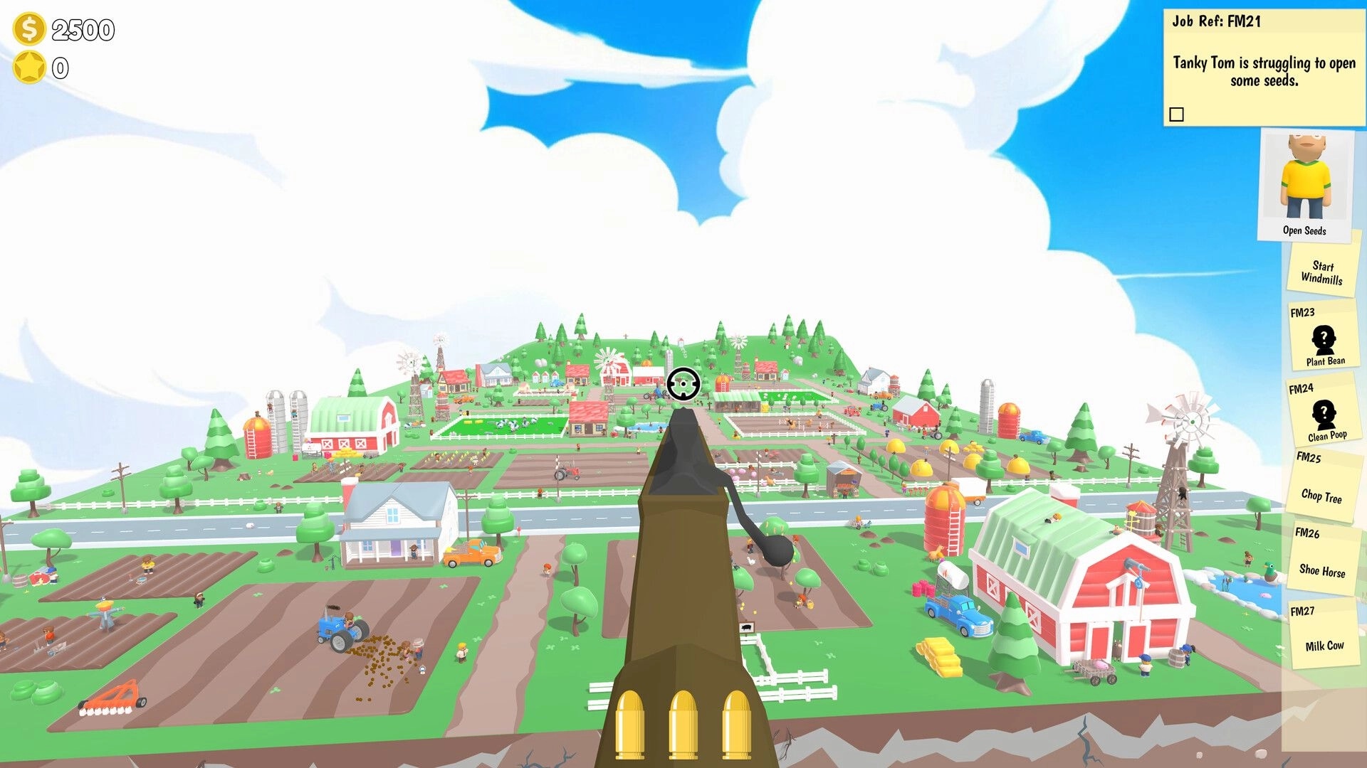 Sniper Dan: Rifle reticle aimed over a busy farm town, job list UI notes Tanky Tom opening seeds.