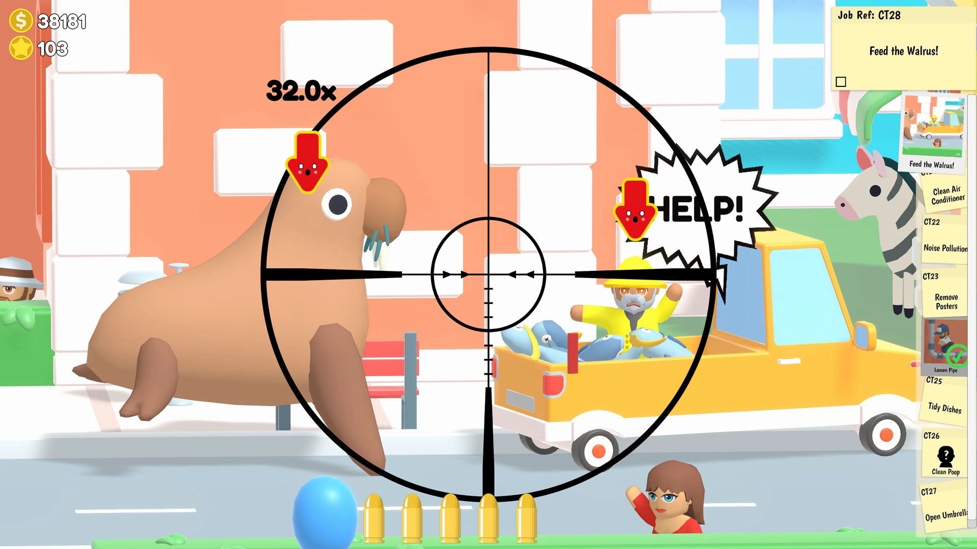 Sniper Dan: Scoped on a walrus beside a yellow truck as a worker yells HELP! on a city street.
