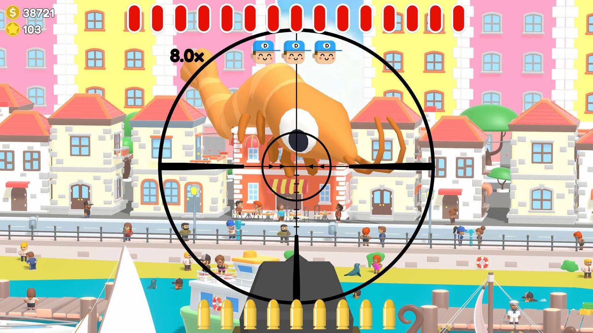 Sniper Dan: Sniper scope targets a huge orange crab on rooftops above a busy seaside town promenade.