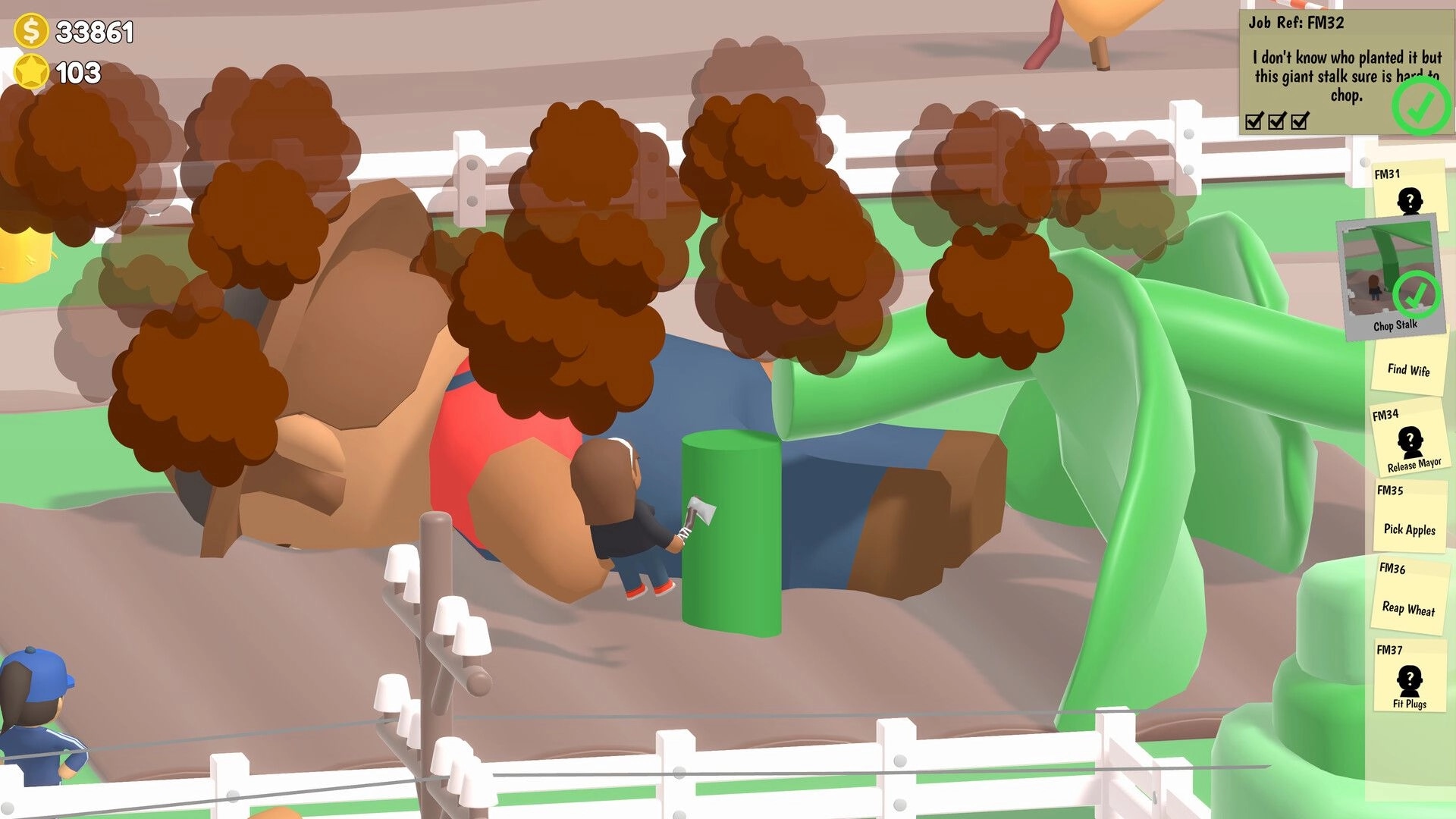 Sniper Dan: Farmer chops a giant green stalk by a fallen man, mission list and cash UI on screen.