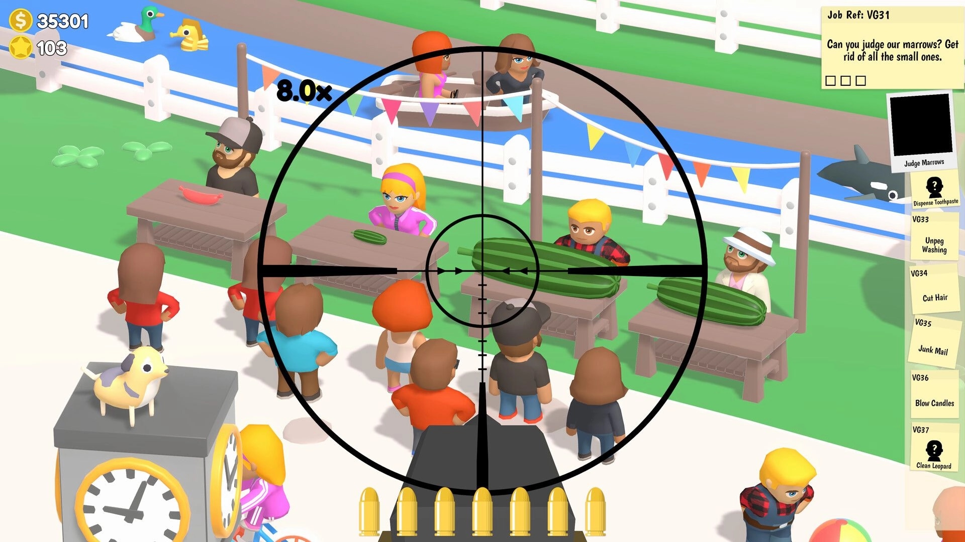Sniper Dan: Sniper scope aims at giant marrows on judging tables at a fair, job list UI visible.