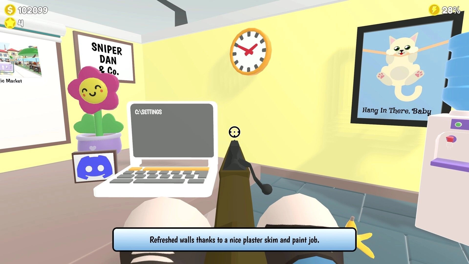 Sniper Dan: First-person rifle view in office with laptop, posters, wall clock, and cash UI counters.