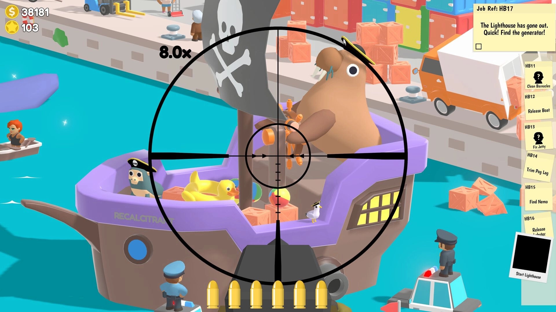 Sniper Dan: 8x scope crosshair aimed at pirate ship wheel in busy harbor, job note to find generator.